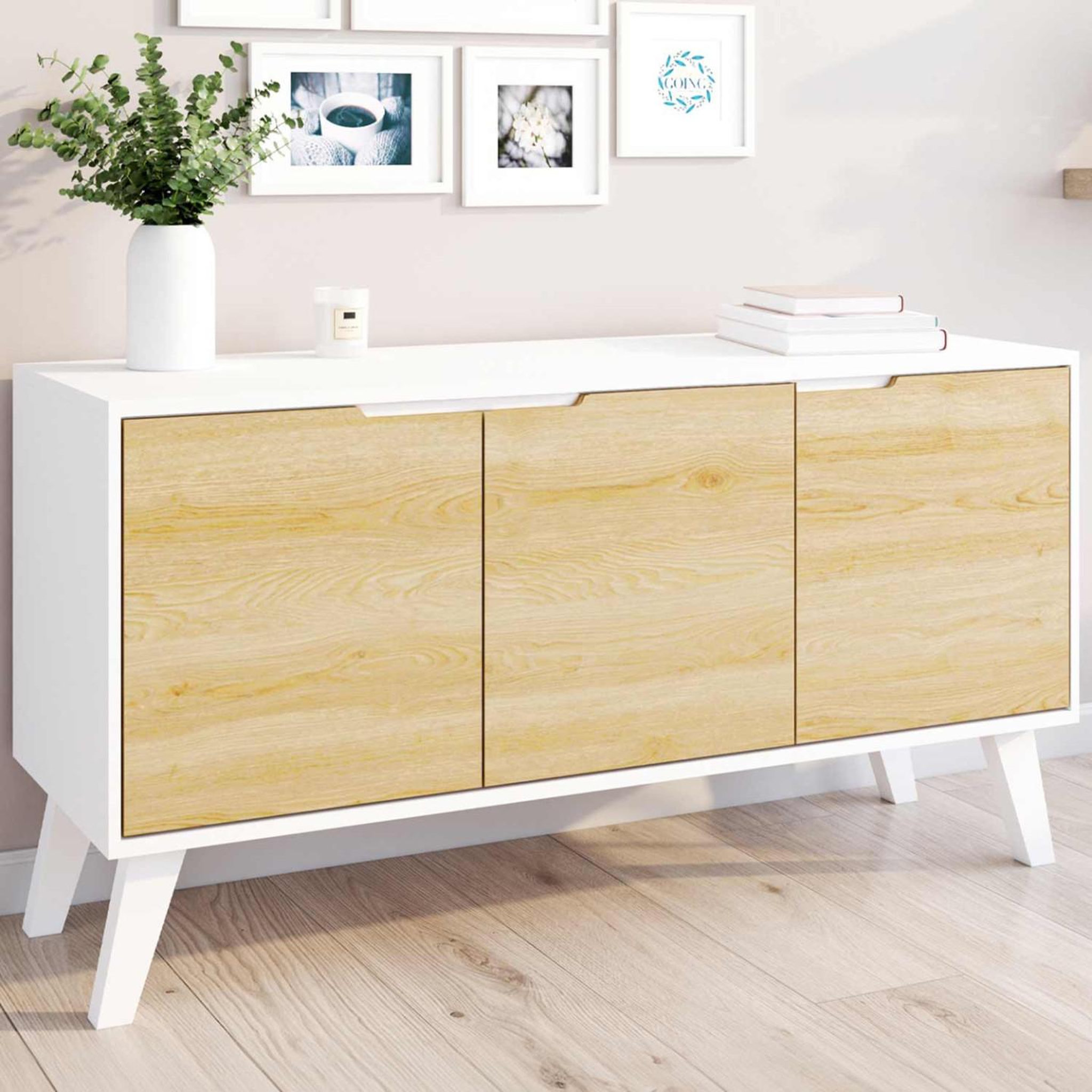 Voir la diapositive 2 : ID MARKET Buffet bas scandinave 113 cm finn 3 portes blanc et façon hêtre