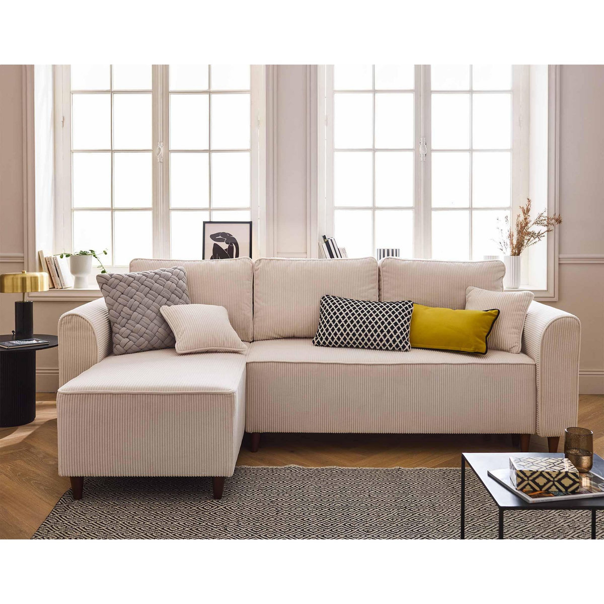 BEST MOBILIER Saphir - canapé d'angle réversible 4 places - convertible avec coffre - en velours côtelé