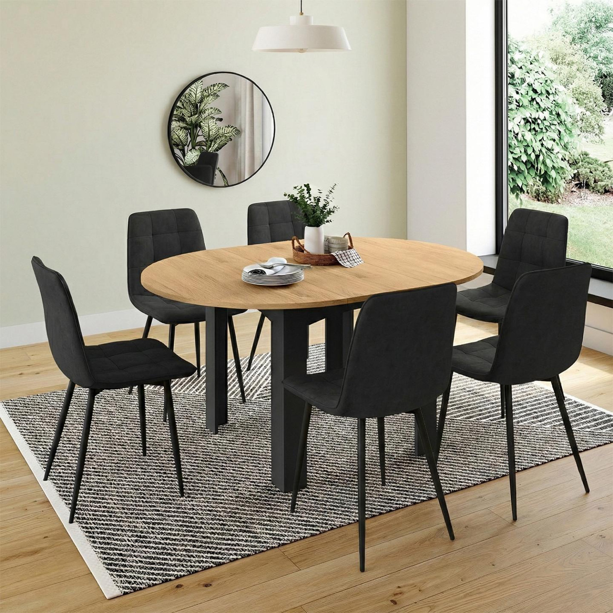 Voir la diapositive 2 : ID MARKET Ensemble table à manger extensible ronde dona noire plateau façon hêtre 110 - 150 cm et 6 chaises mila velours noir