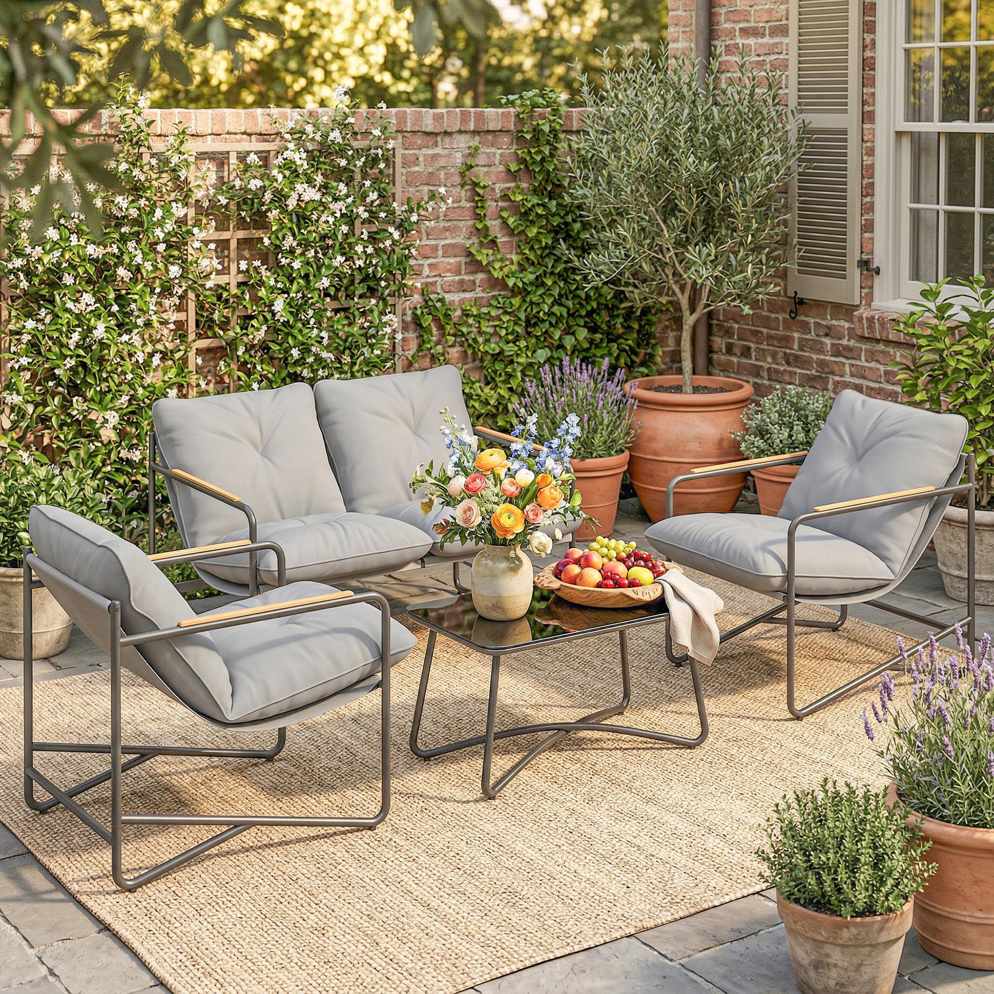 Voir la diapositive 6 : OUTSUNNY Salon de jardin 4 places 4 pièces avec coussins métal gris effet bois