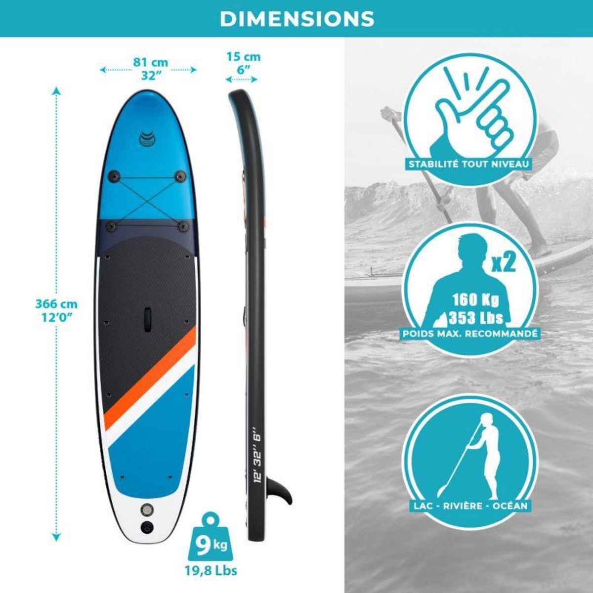 ADRENALIN Paddle Gonflable 2 personnes TWO 12' 32'' 6'' (366x81x15cm) avec Pompe, 2 Pagaies, 2 sièges de kayak, Leash et Sac de Transport