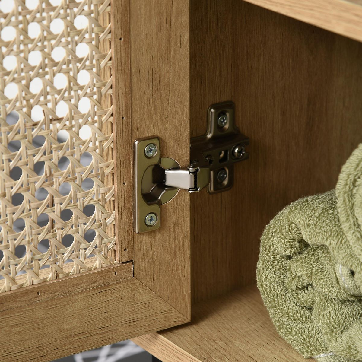 KLEANKIN Meuble salle de bain - meuble sous-vasque - 2 portes, étagère réglable - piètement acier noir rotin panneaux aspect chêne clair