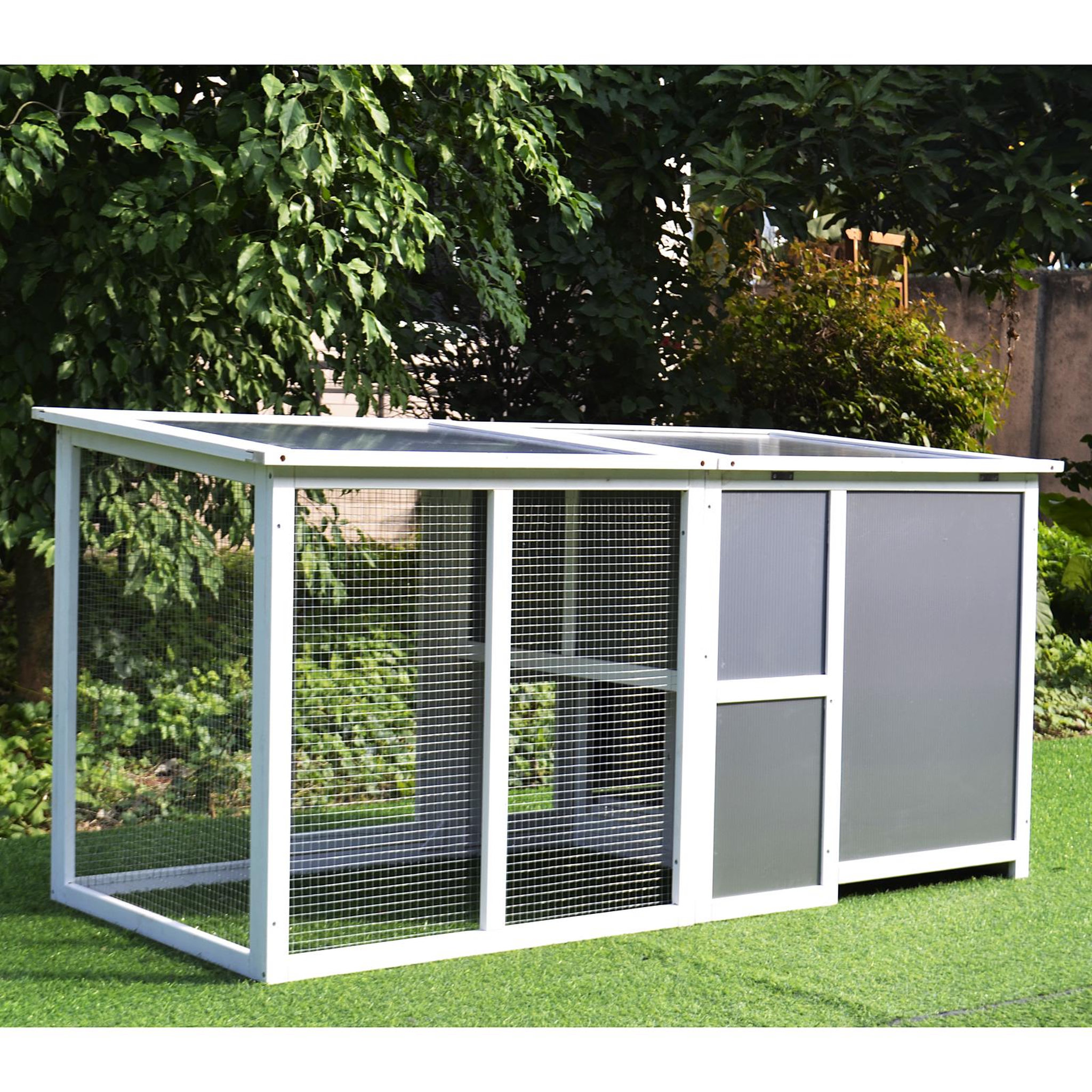 Voir la diapositive 6 : PAWHUT Poulailler multi-équipements niche toit ouvrant perchoir pondoir enclos tiroir à déjection 160L x 75l x 80H cm bois massif pin gris blanc