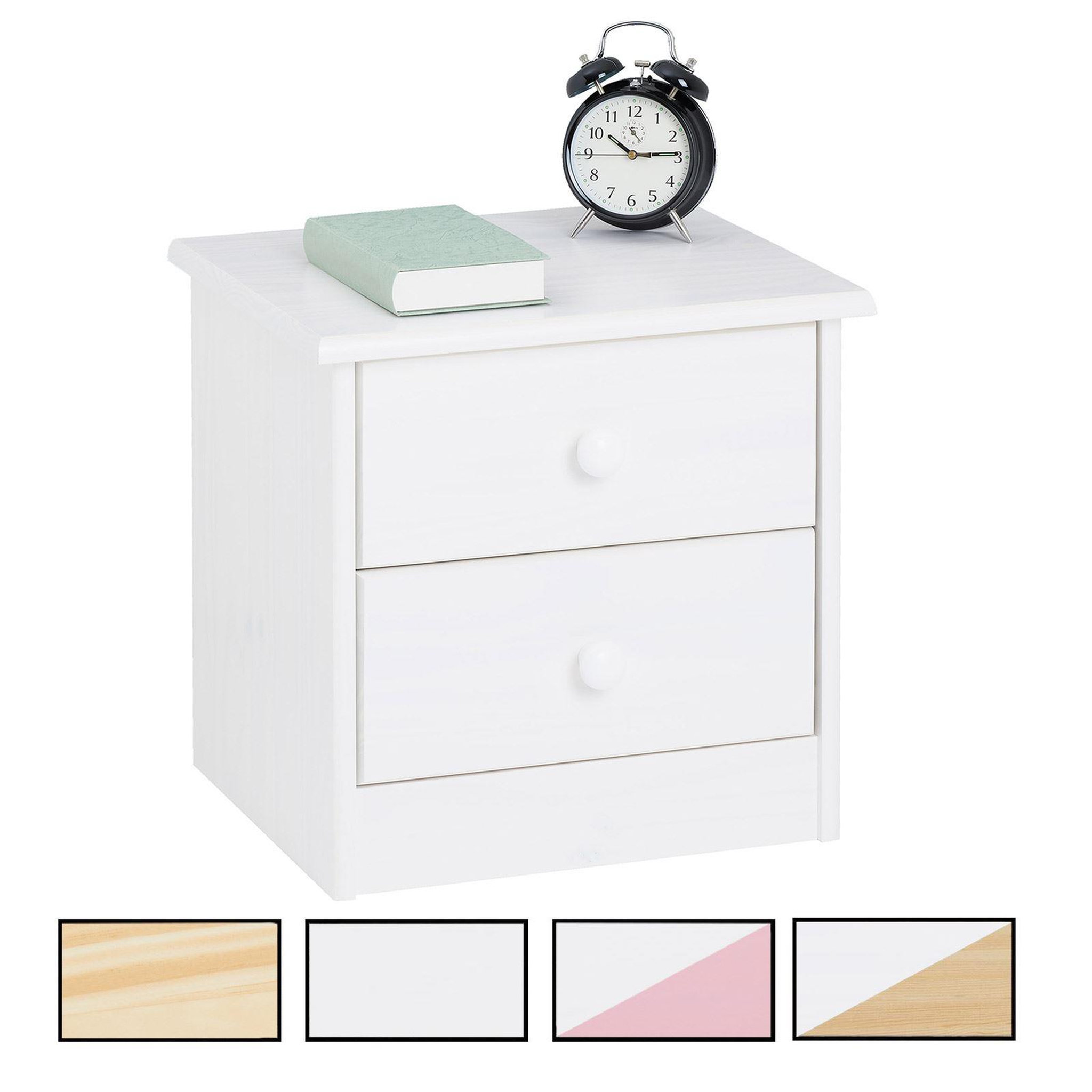 IDIMEX Table de chevet en pin RONDO, 2 tiroirs. Coloris disponibles : Blanc, Bicolore