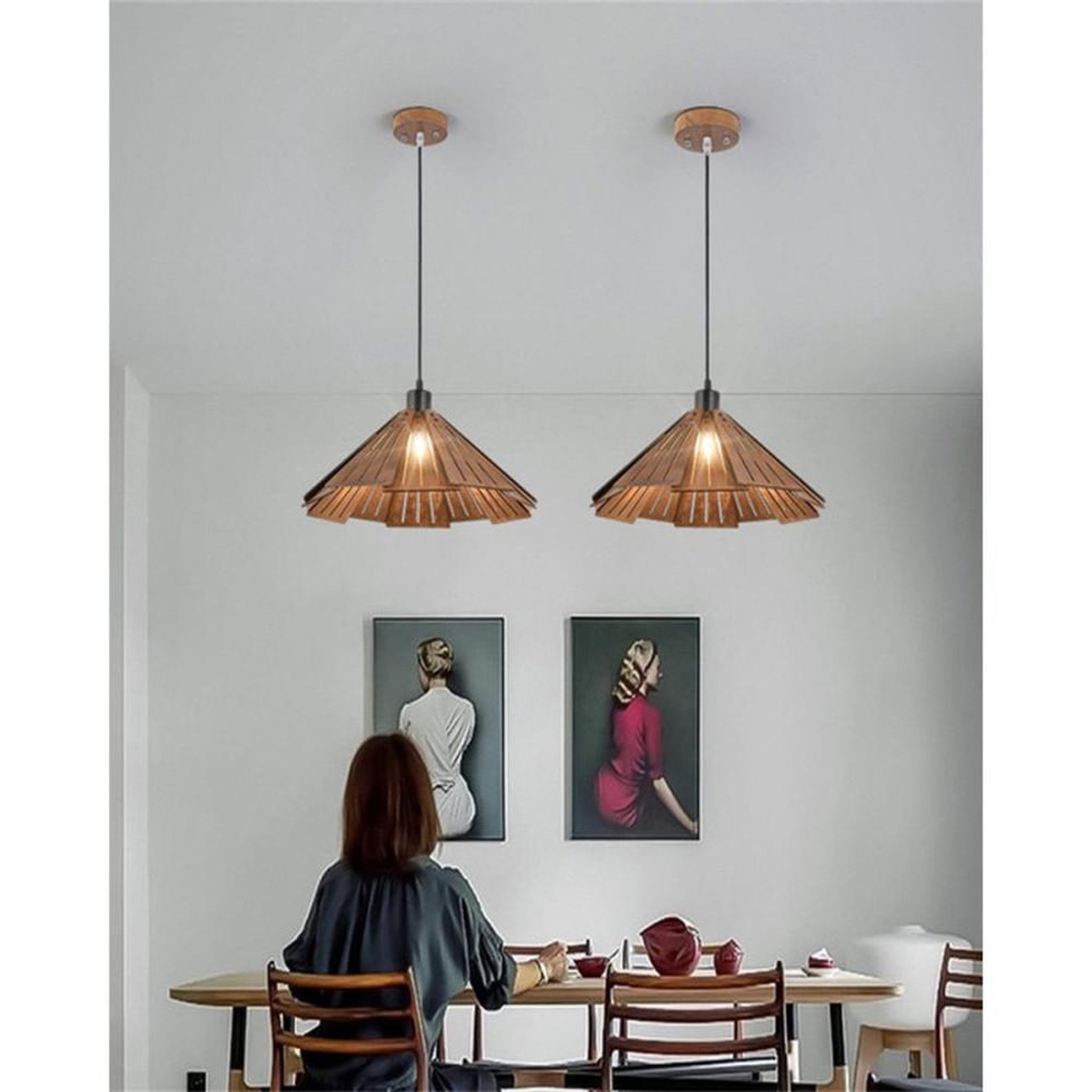 Voir la diapositive 3 : Lampe suspension en bois scandinave Ø35 cm abat-jour ajouré style dôme, métal noir, douille E27 12 W ampoule tricolore incluse