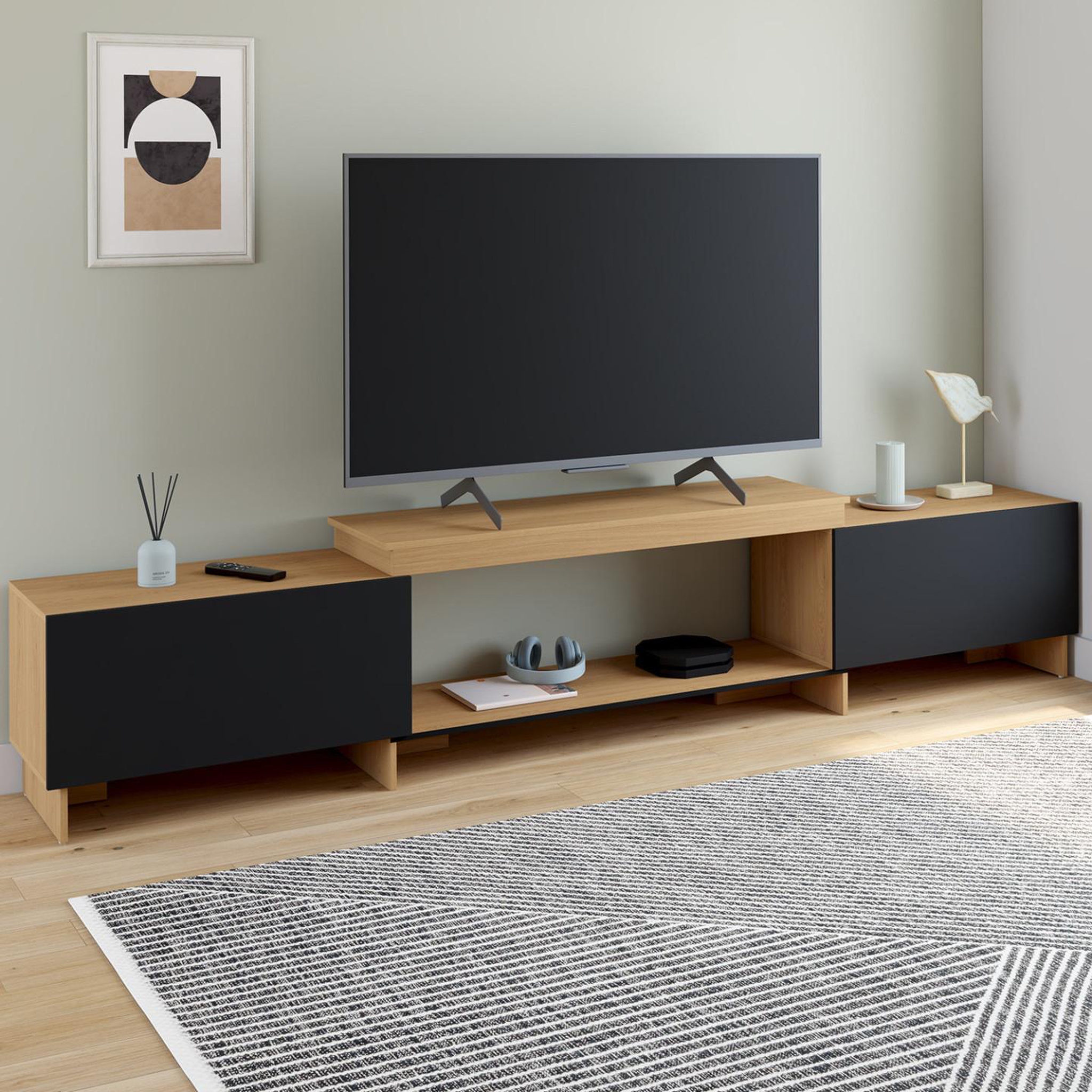 Voir la diapositive 2 : ID MARKET Meuble tv extensible 140-240 cm vlad 2 portes bois et noir