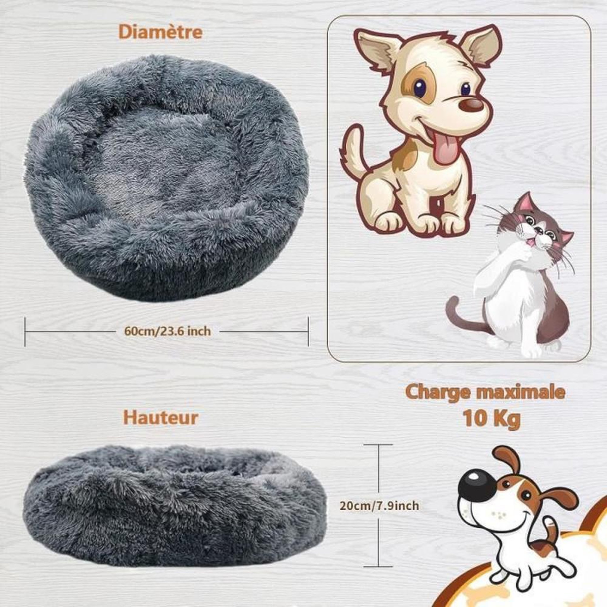 Voir la diapositive 2 : Coussin pour animaux Donut rond 60 cm gris foncé antidérapant