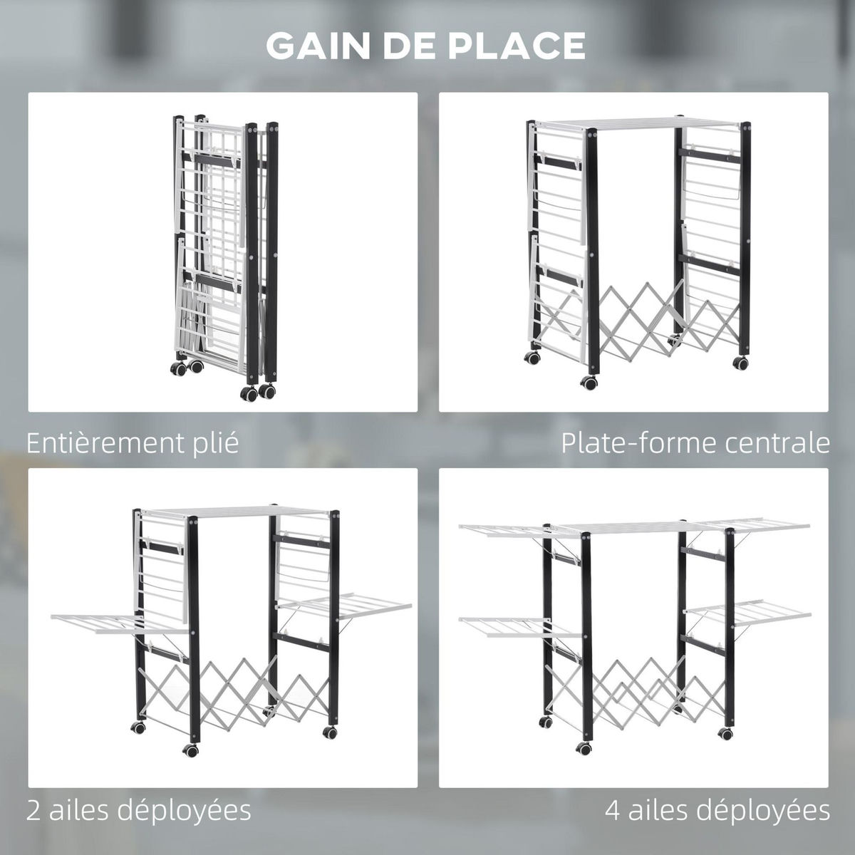 HOMCOM Séchoir à linge étendoir à vêtements pliable réglable avec 4 roulettes - grand capacité - dim. 157,5L x 54l x 101H cm - alu. métal blanc noir