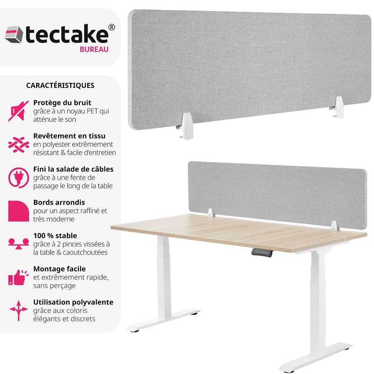 tectake Cloison de bureau Noisy avec coins arrondis avec noyau en PET absorbant le bruit