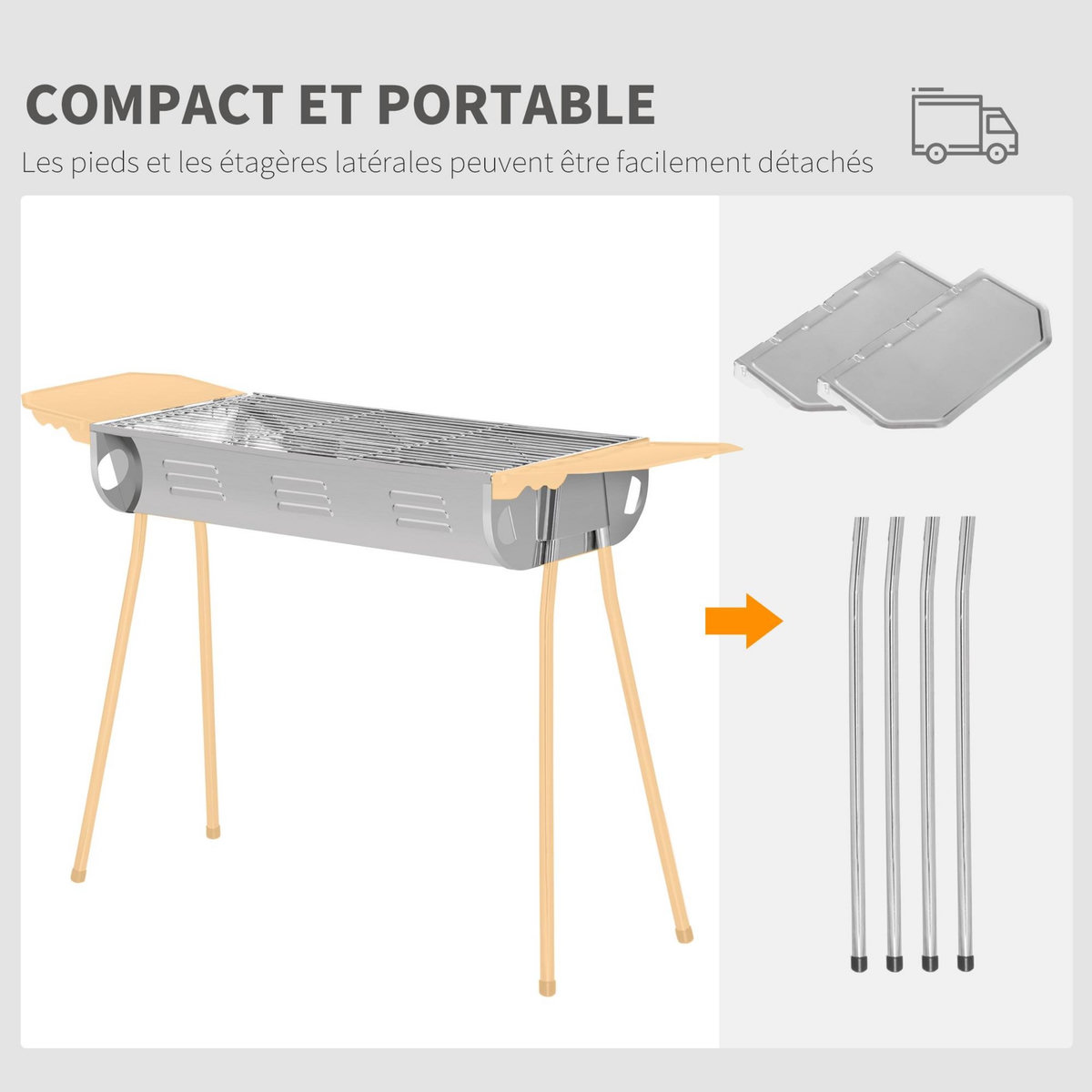 OUTSUNNY Barbecue à charbon portable BBQ grill sur pieds 2 tablettes rabattables dim. 93L x 30l x 60H cm acier inox.