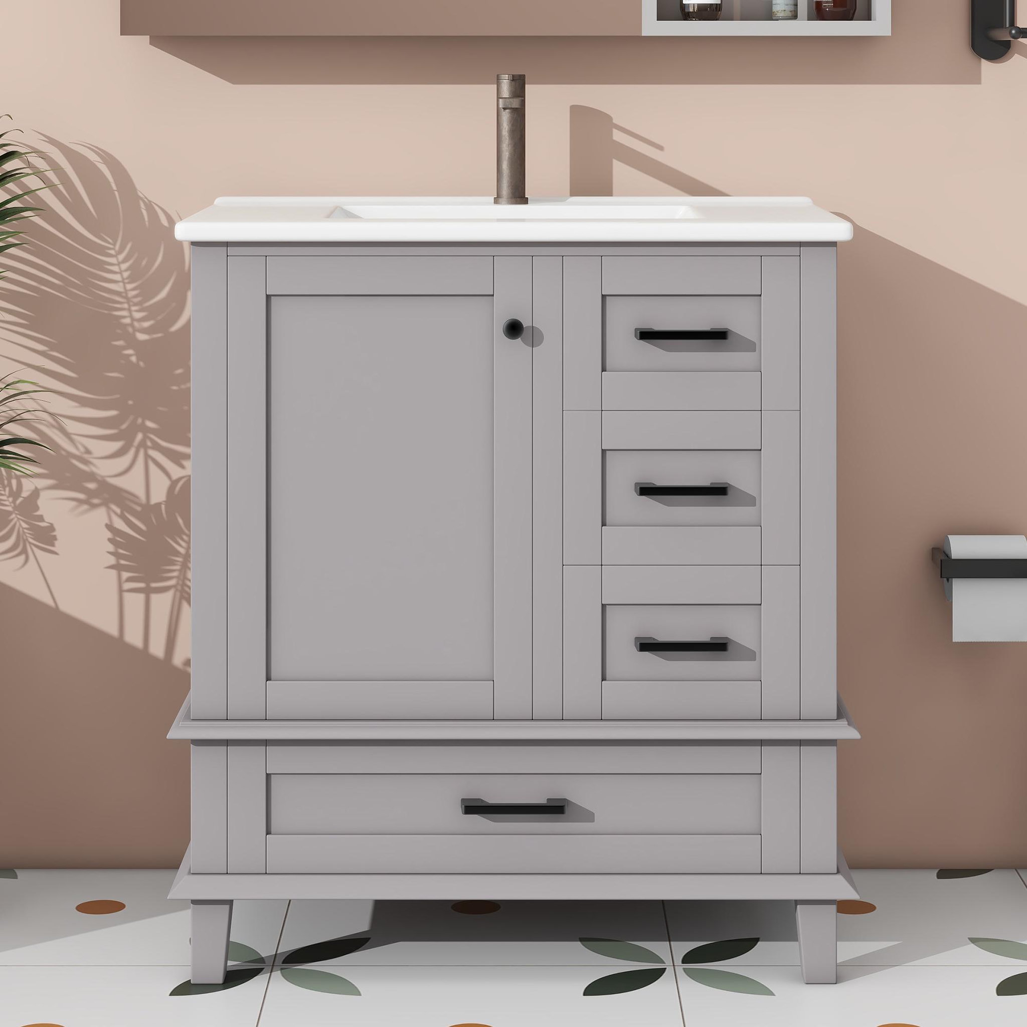 Voir la diapositive 2 : MERAX Meuble De Salle De Bain Vasque 1 Porte Et 3 Tiroirs Gris