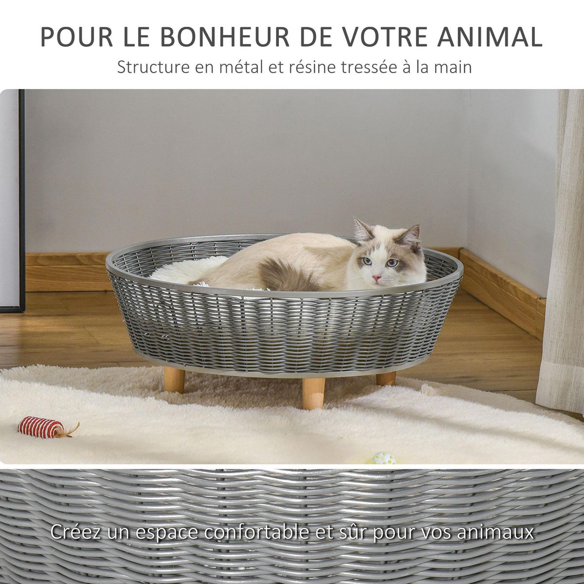 PAWHUT Canapé chien lit pour chien panier chat design scandinave avec coussin aspect fourrure dim. Ø 60 x 23,5H cm pieds bois pin résine tressée gris