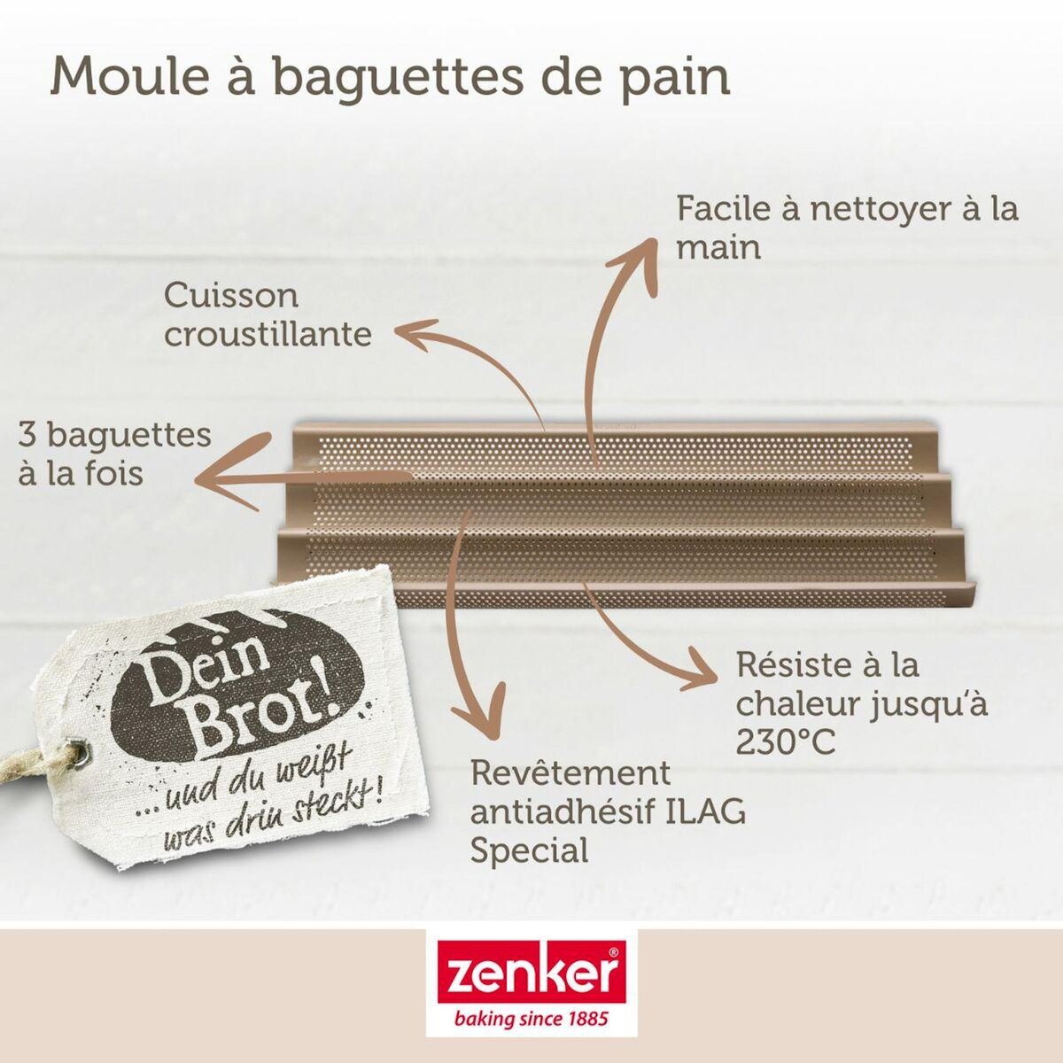 ZENKER Lot comprenant 1 moule baguette 3 empreintes, 1 spatule Zenker et 2 bols à mixer en inox Fackelmann