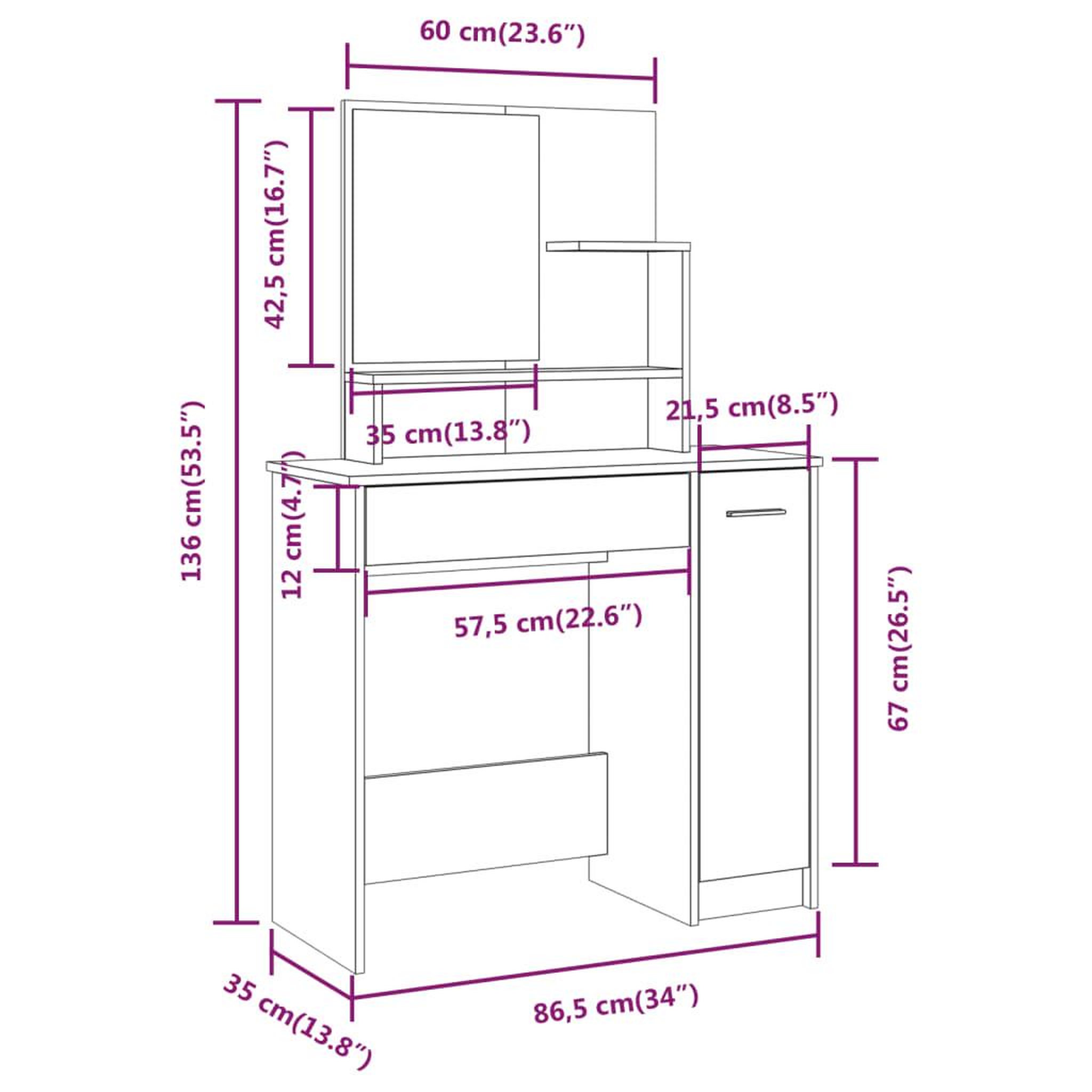 Voir la diapositive 6 : VIDAXL Coiffeuse avec miroir blanc brillant 86,5x35x136 cm