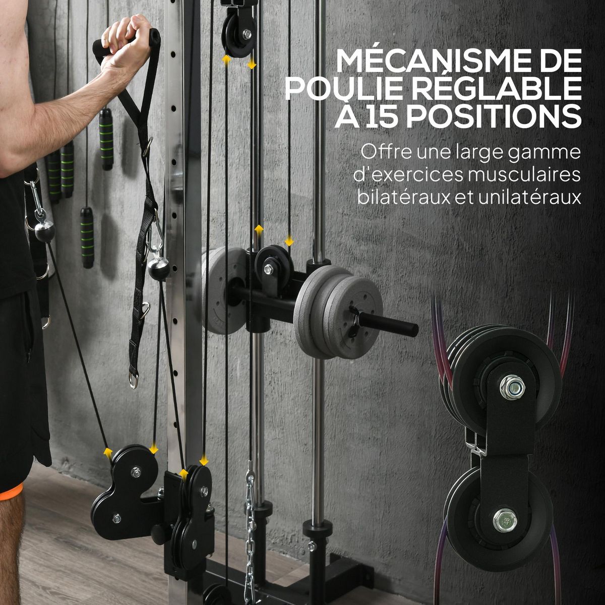 HOMCOM Station de musculation montage mural - double poulie, tirage poitrine, lat pulldown - acier gris noir