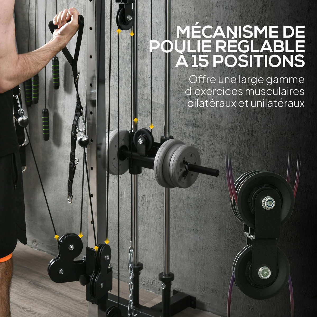 HOMCOM Station de musculation montage mural - double poulie, tirage poitrine, lat pulldown - acier gris noir