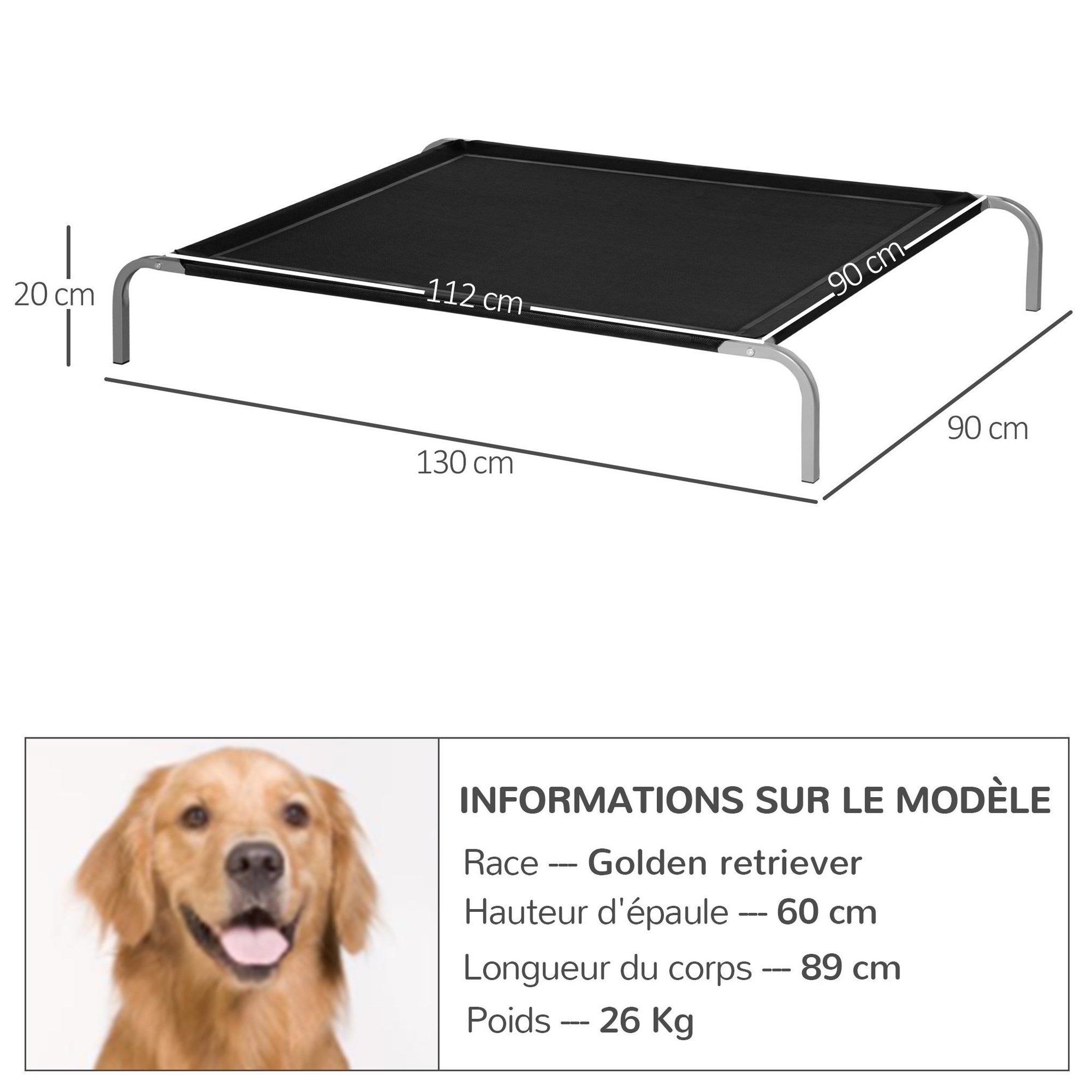 Voir la diapositive 3 : PAWHUT Lit pour chien chat xxl grand confort sur pied dim. 130l x 90l x 20h cm métal époxy textilène micro-perforé noir
