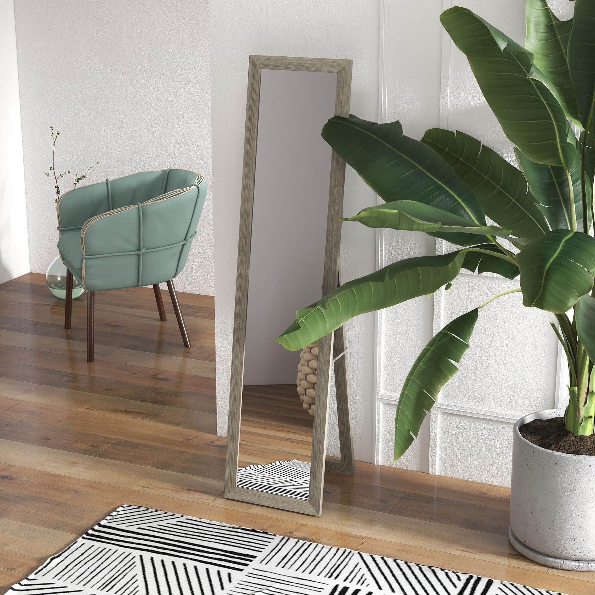 Voir la diapositive 2 : HOMCOM Miroir sur pied et mural rectangulaire dim. 37L x 40l x 157H cm aspect bois gris