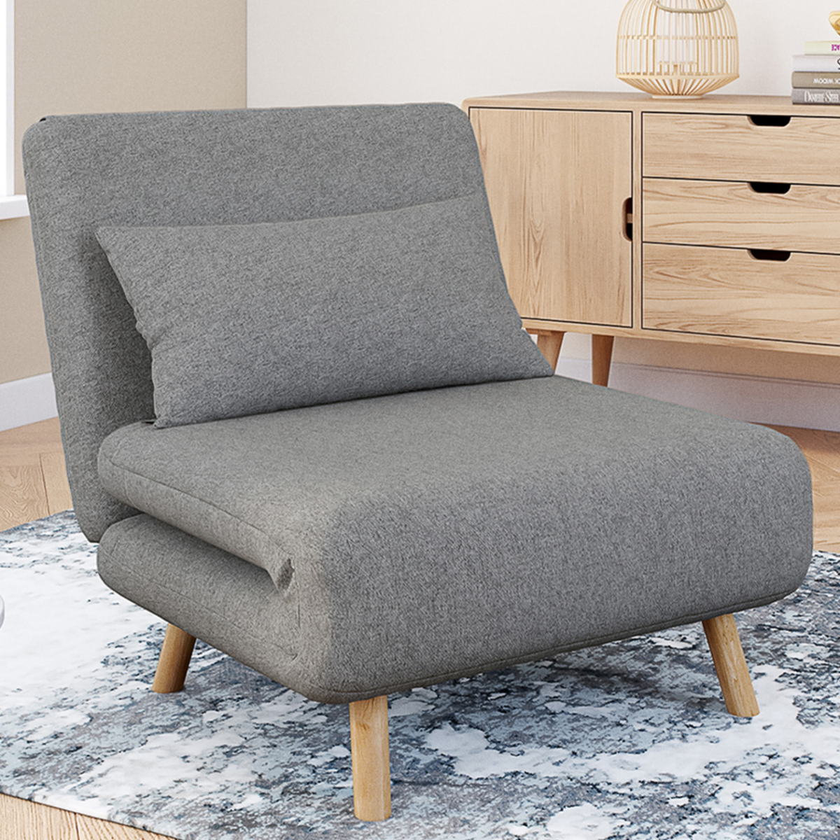 ID MARKET Fauteuil convertible ROMEO lit d'appoint 1 place 80x190 cm tissu gris clair