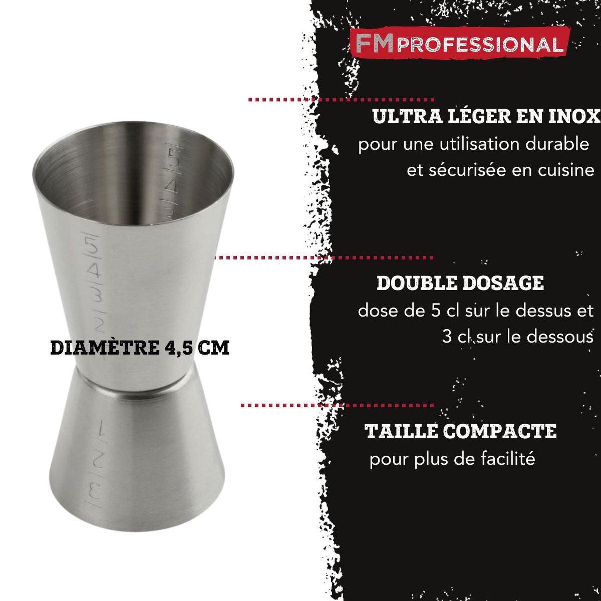 Voir la diapositive 2 : FM PROFESSIONAL Doseur alcool pour cocktail 5 cl et 3 cl en inox fm professional boissons