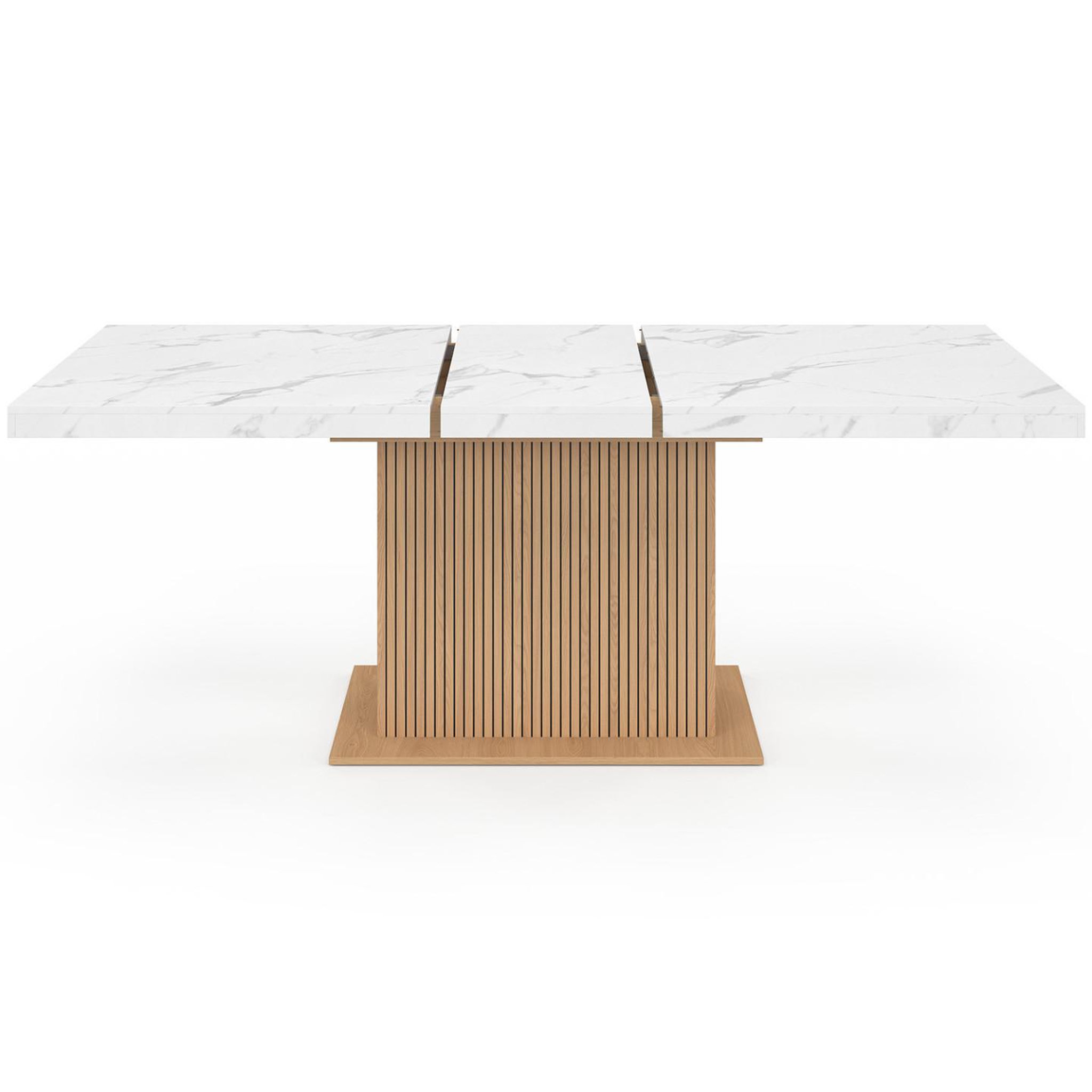 Voir la diapositive 3 : ID MARKET Table à manger extensible rectangle juliette 6-10 personnes plateau effet marbre lattes tasseau bois avec rangement 160-200 cm