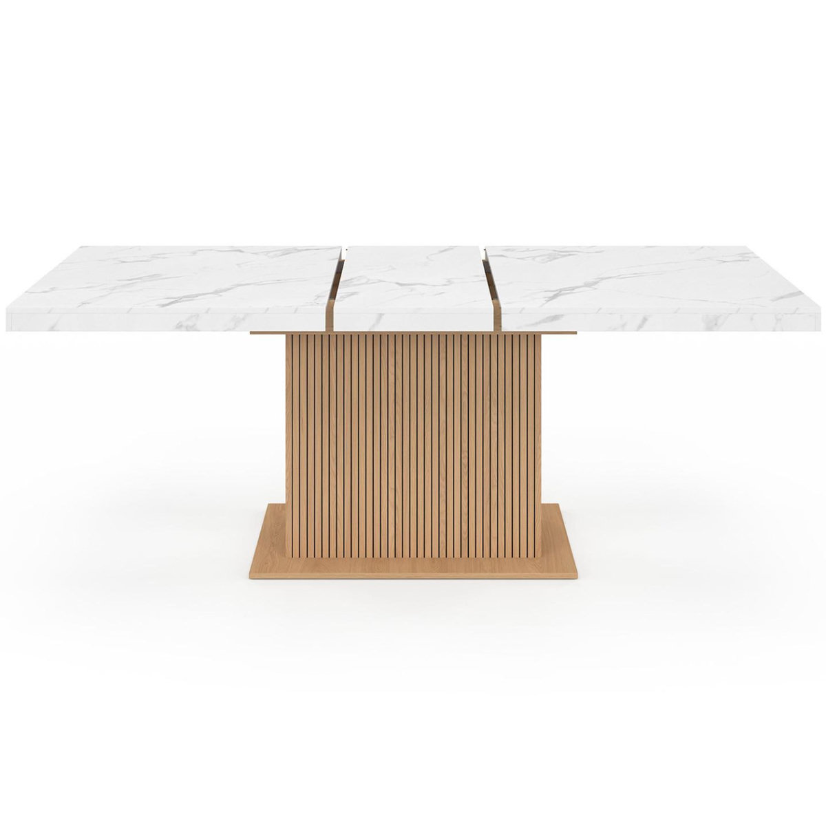ID MARKET Table à manger extensible rectangle JULIETTE 6-10 personnes plateau effet marbre lattes tasseau bois avec rangement 160-200 cm