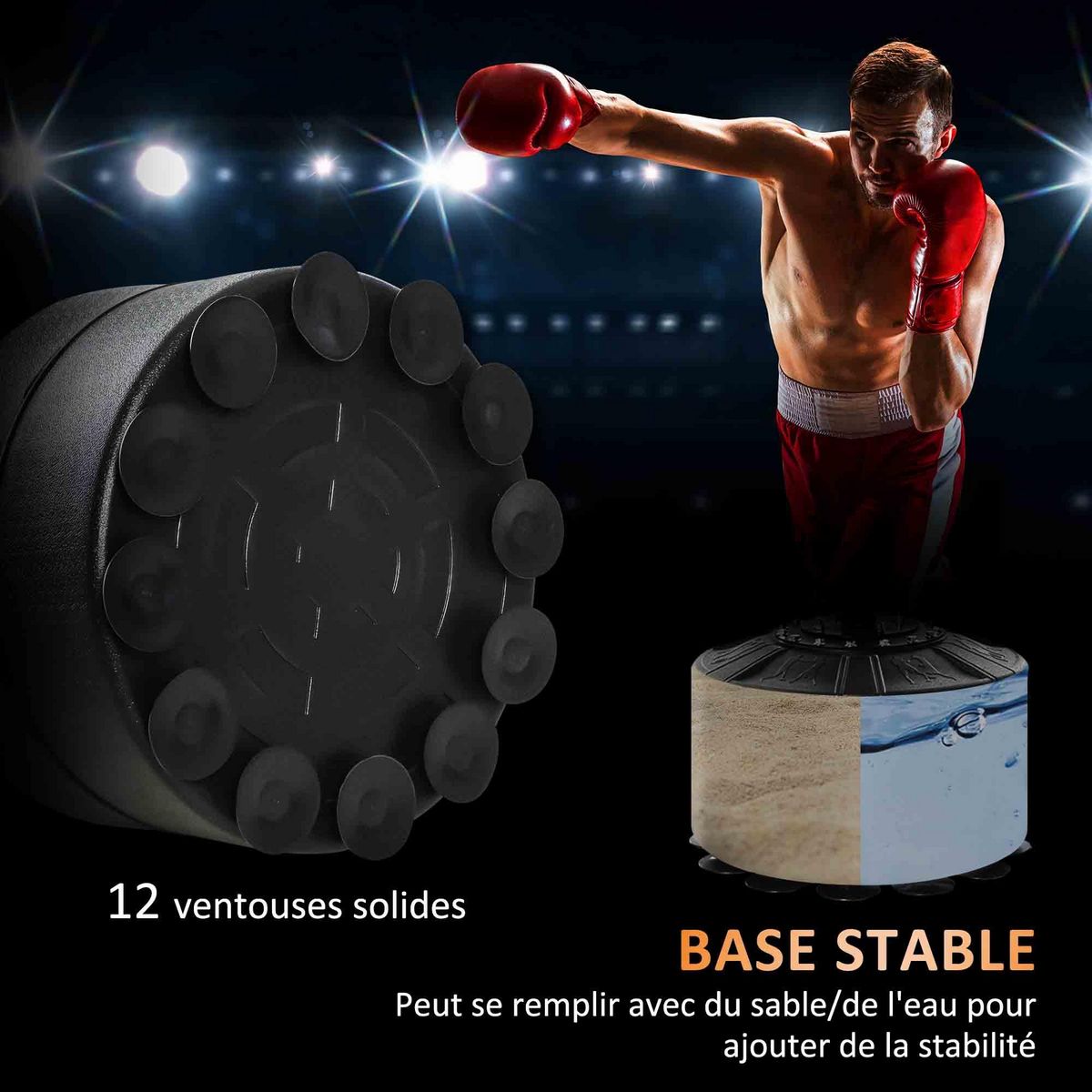 HOMCOM Sac de frappe boxe autoportant punching ball brunier 3 en 1 revêtement synthétique dim. 88L x 50l x 160-230H cm rouge