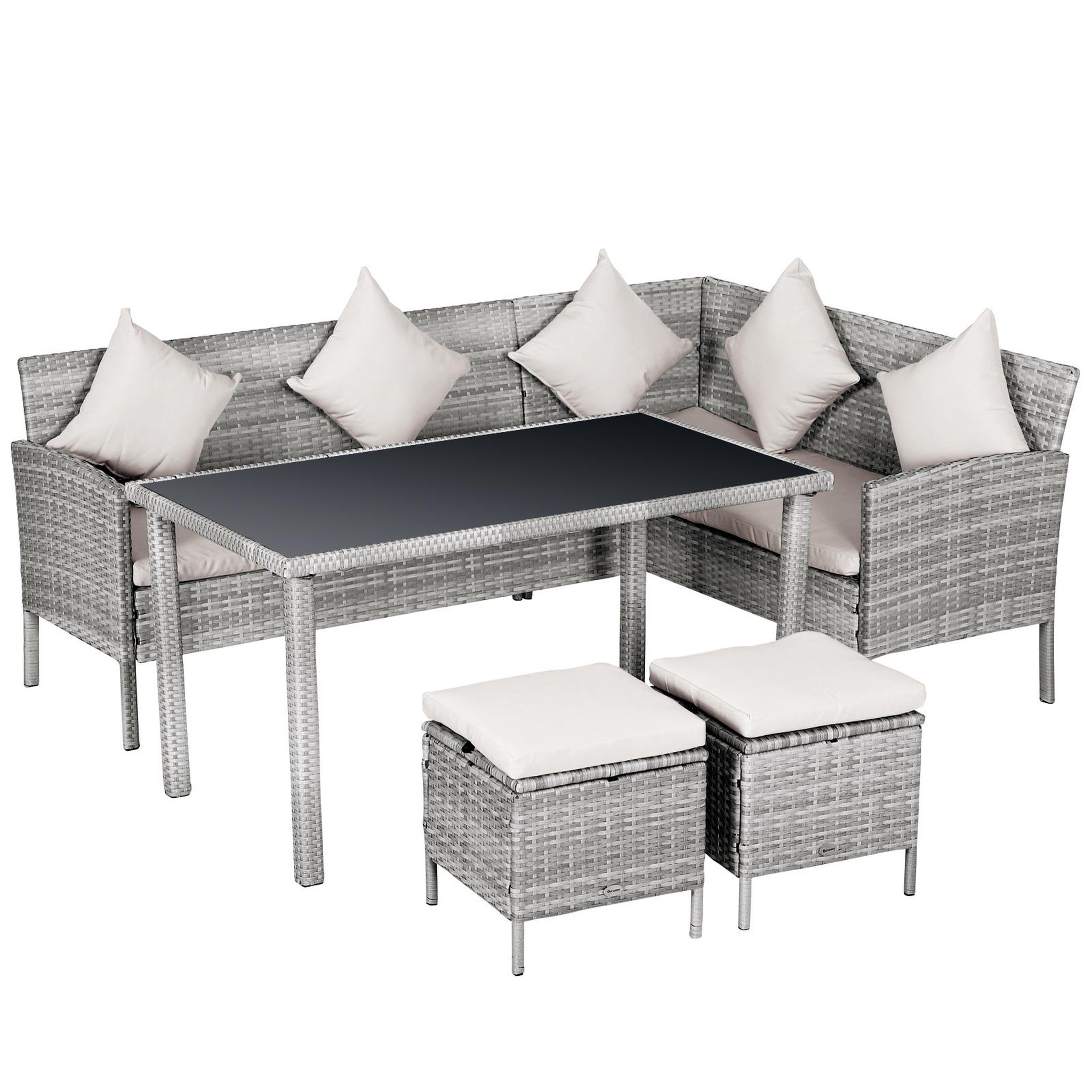 Voir la diapositive 1 : OUTSUNNY Salon de jardin 6 pers. Grand confort canapé d'angle + 2 poufs + table à manger 9 coussins assise & dossier fournis résine tressée grise