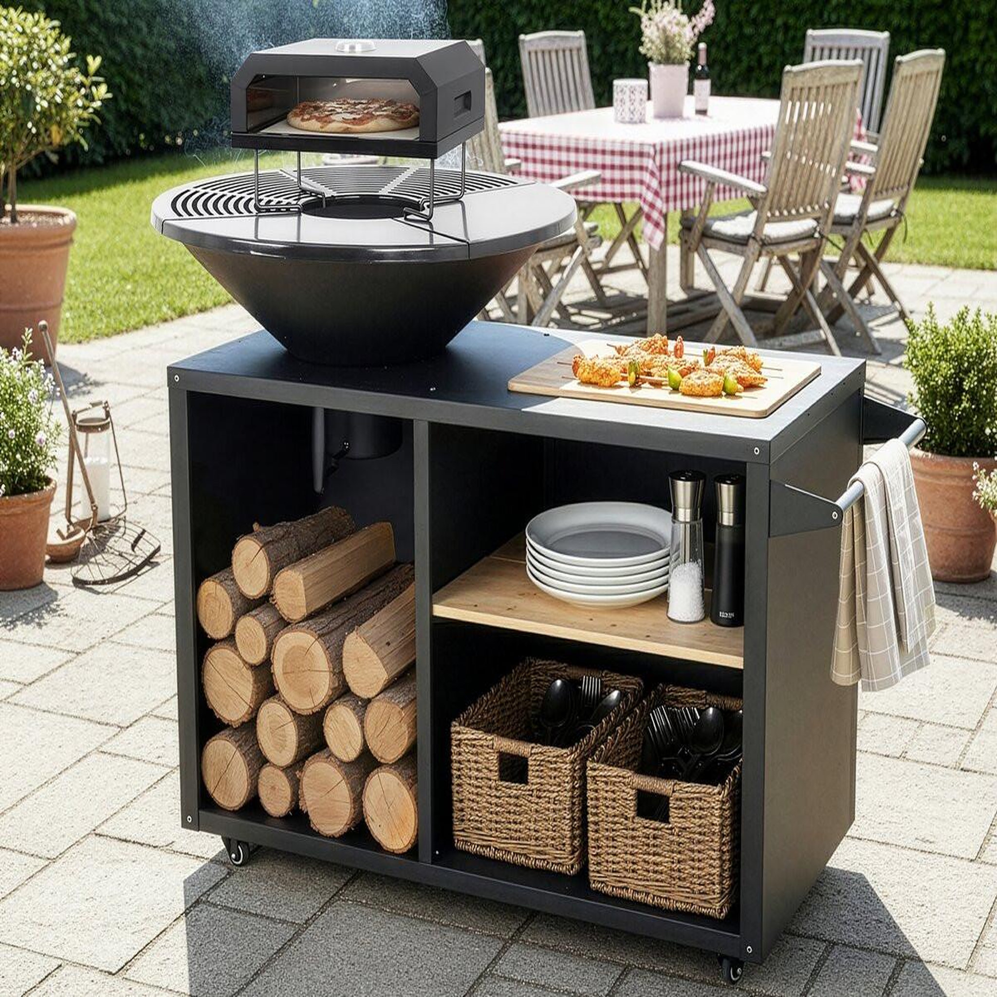 Voir la diapositive 2 : Habitat et Jardin Barbecue plancha brasero avec four à pizza  maréchal  - ø 81 cm  - noir