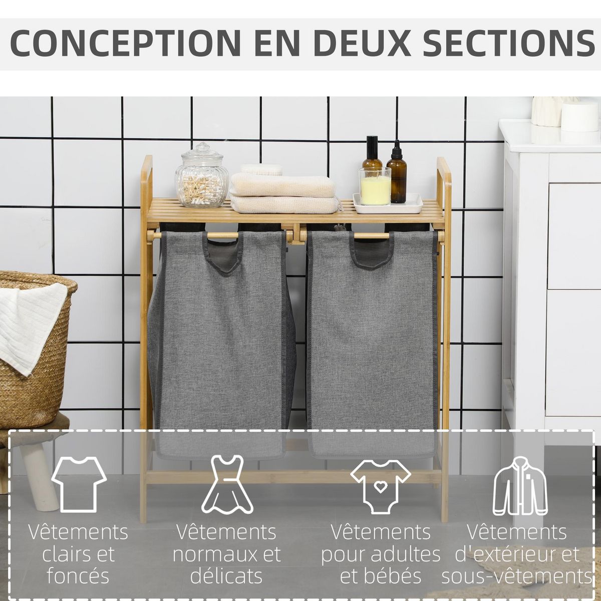 HOMCOM Panier à linge corbeille à linge en bambou 2 paniers amovibles non-tissé gris foncé