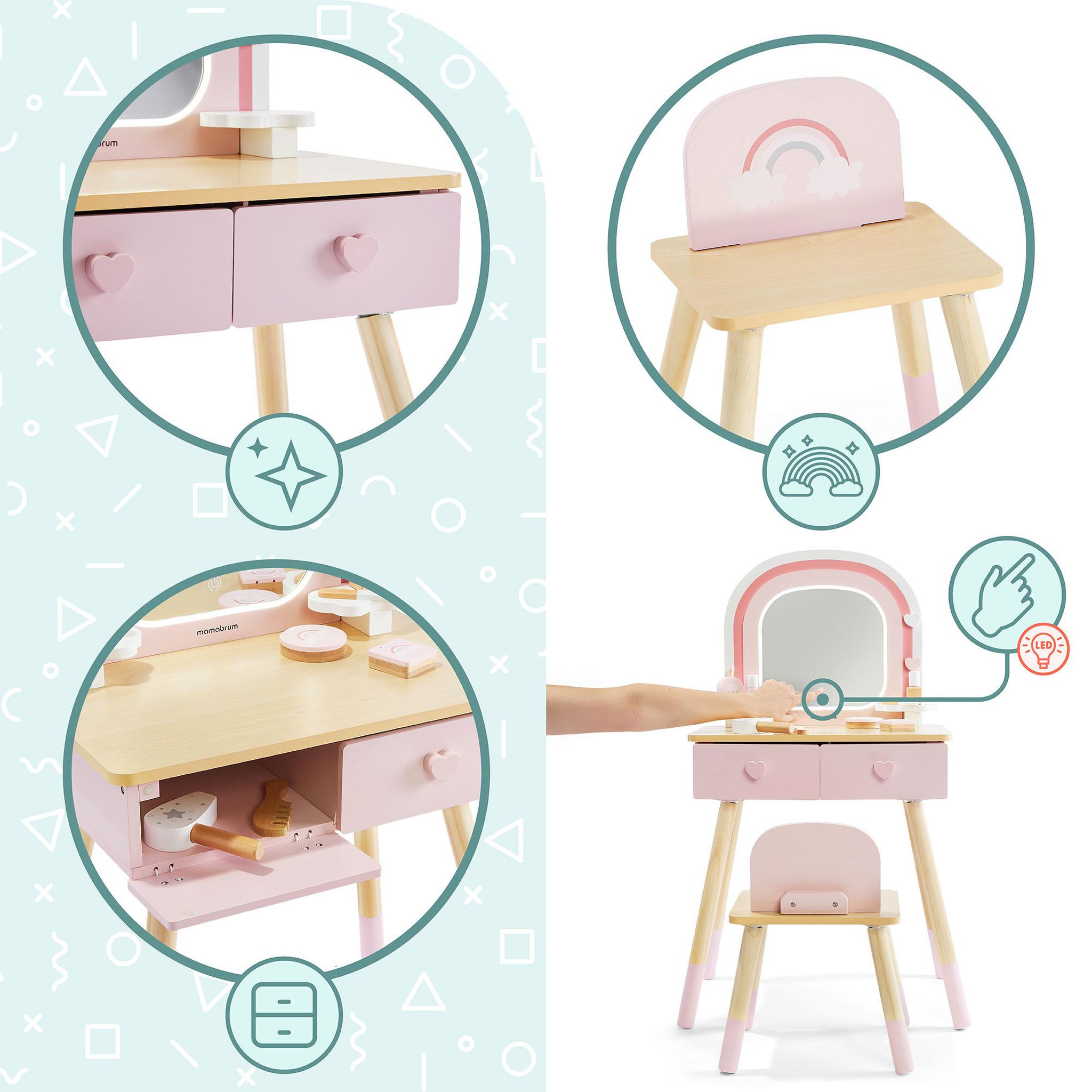 Voir la diapositive 4 : MAMABRUM Coiffeuse Bois Enfant Mamabrum Miroir LED Tactile Chaise Accessoires 3 Ans+