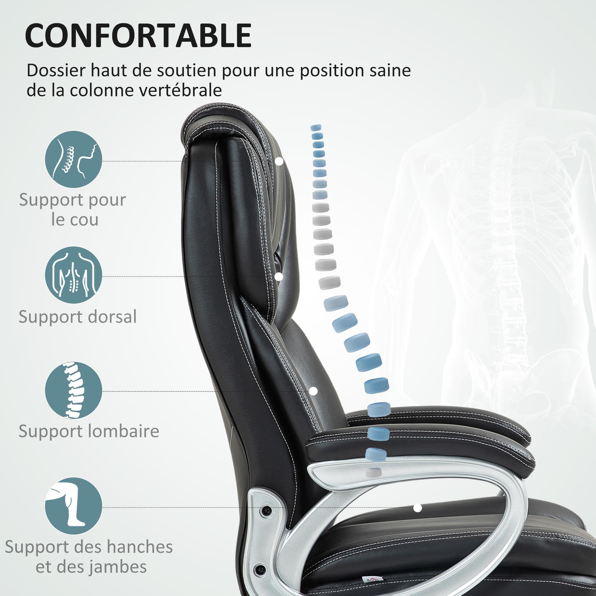 Voir la diapositive 4 : HOMCOM Chaise de bureau direction réglable grand confort - fonction bascule verrouillable - synthétique noir