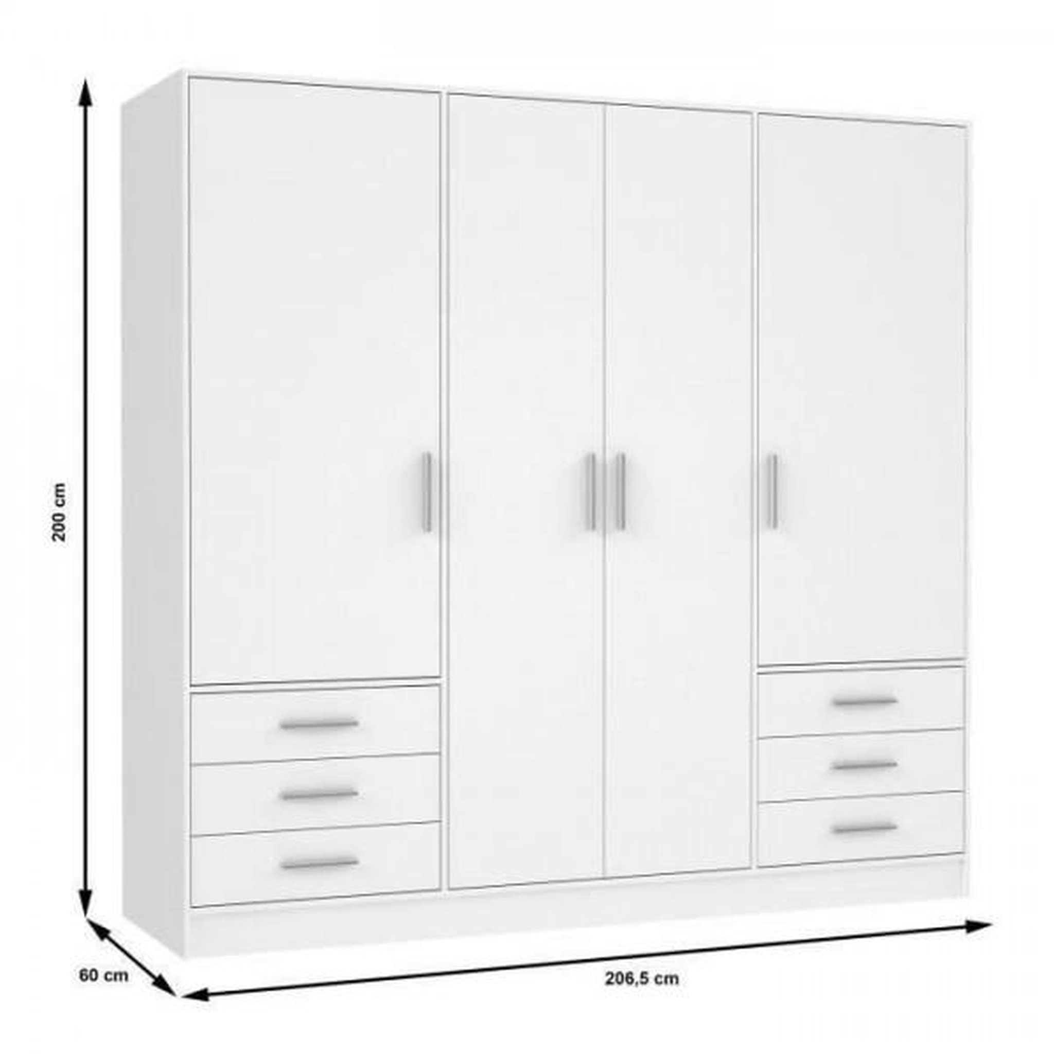 Voir la diapositive 4 : MARKET24 Armoire 4 portes battantes + 6 tiroirs - Bois aggloméré - Blanc mat - L 206,5 x P 60 x H 200 cm - JUPITER