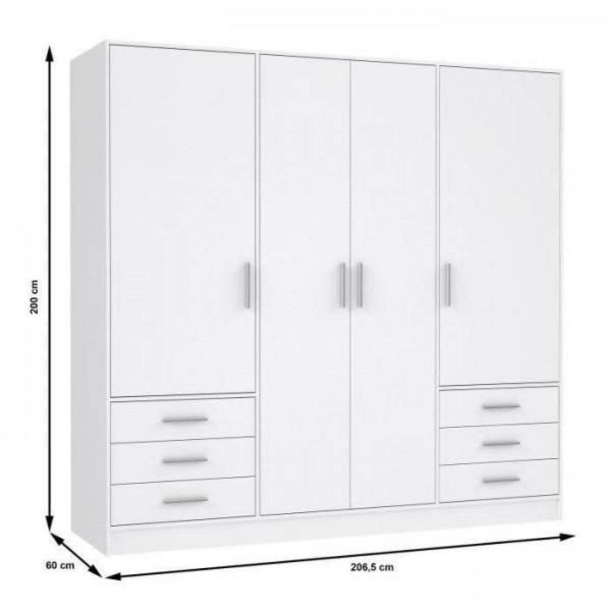 MARKET24 Armoire 4 portes battantes + 6 tiroirs - Bois aggloméré - Blanc mat - L 206,5 x P 60 x H 200 cm - JUPITER