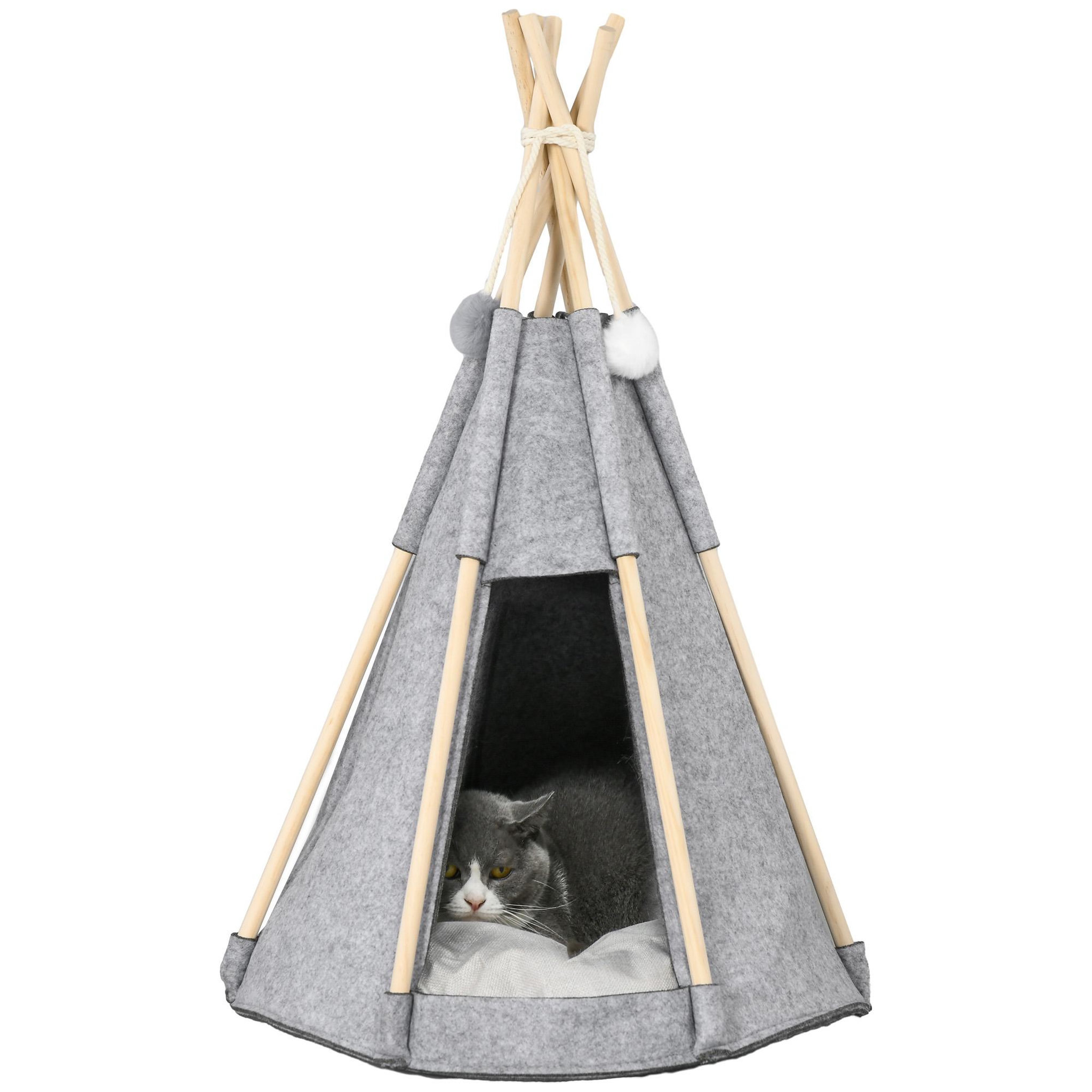 Voir la diapositive 1 : PAWHUT Tente tipi pour animaux - teepee chien chat - coussin épais grand confort inclus - structure bois de pin feutre polyester gris