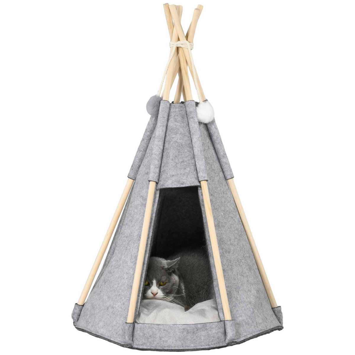 PAWHUT Tente tipi pour animaux - teepee chien chat - coussin épais grand confort inclus - structure bois de pin feutre polyester gris