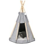 PAWHUT Tente tipi pour animaux - teepee chien chat - coussin épais grand confort inclus - structure bois de pin feutre polyester gris