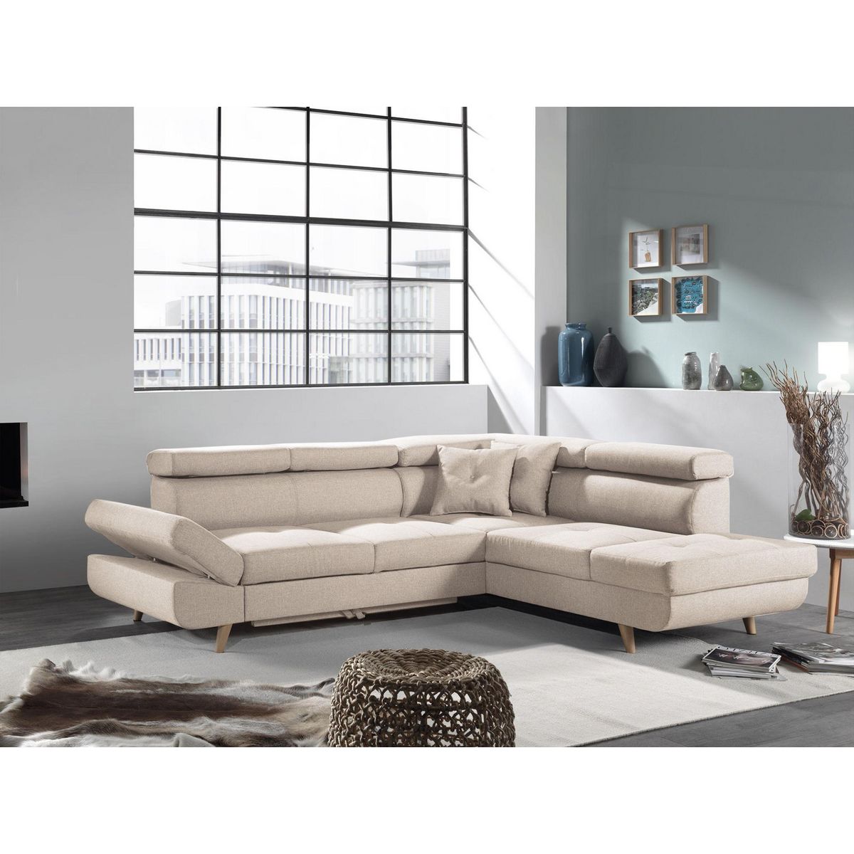 BEST MOBILIER Linea - canapé d'angle droit convertible - 5 places - avec têtières