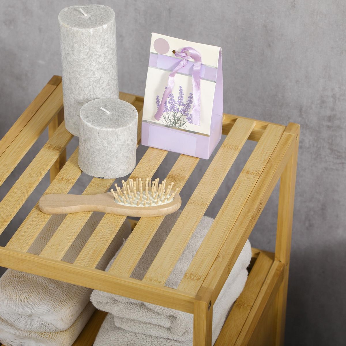 KLEANKIN Meuble bas salle de bain rangement salle de bain 1 porte 2 étagères bois bambou verni