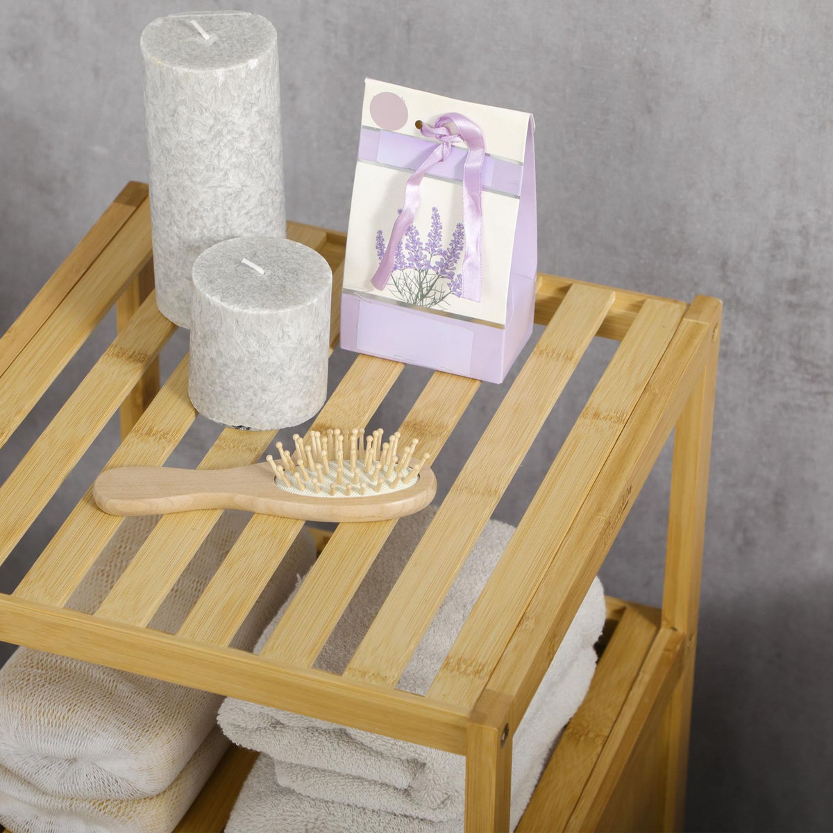 KLEANKIN Meuble bas salle de bain rangement salle de bain 1 porte 2 étagères bois bambou verni