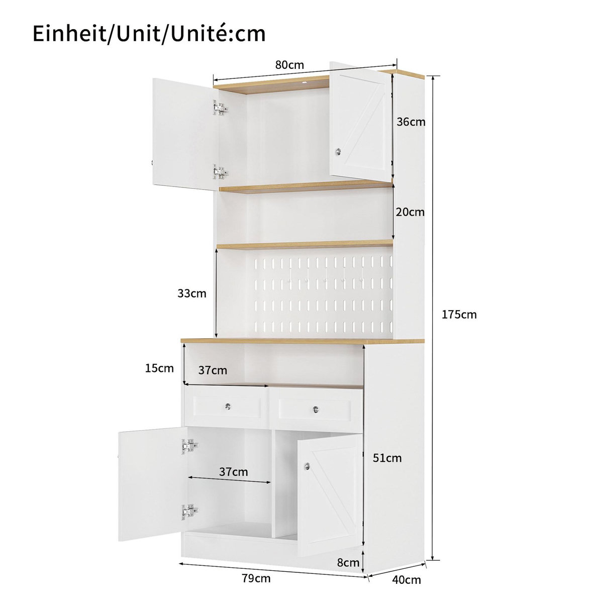 MERAX Buffet de cuisine 4 portes 2 tiroirs - 80 cm blanc+naturel mdf