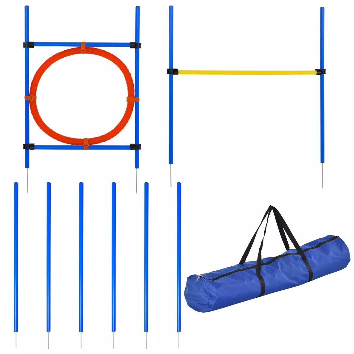 PAWHUT Agility sport pour chiens équipement complet : 6 poteaux slalom, obstacle, anneau + sac de transport bleu jaune rouge