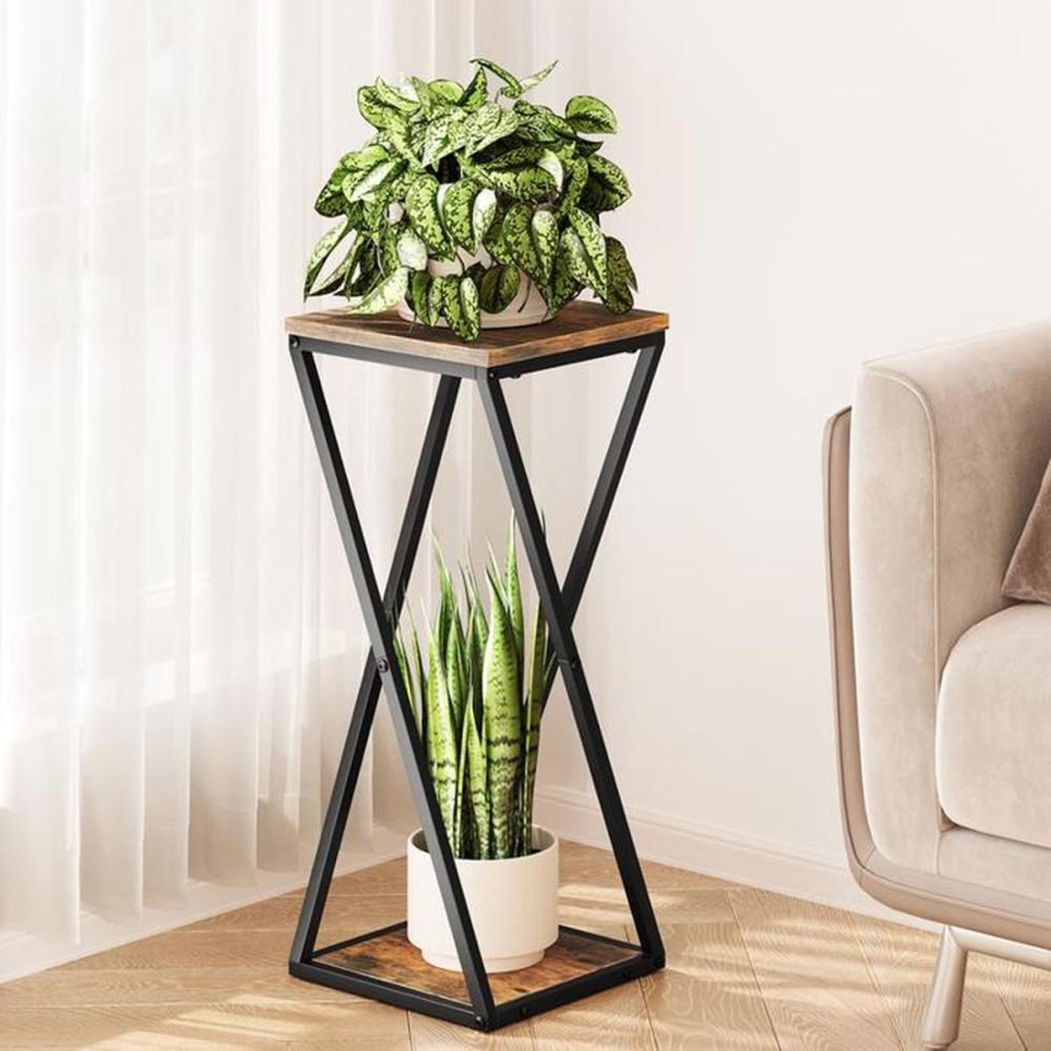 Voir la diapositive 5 : Présentoir d'angle à 2 niveaux pour plantes BAMWORLD brun 26 x 26 x 63 cm