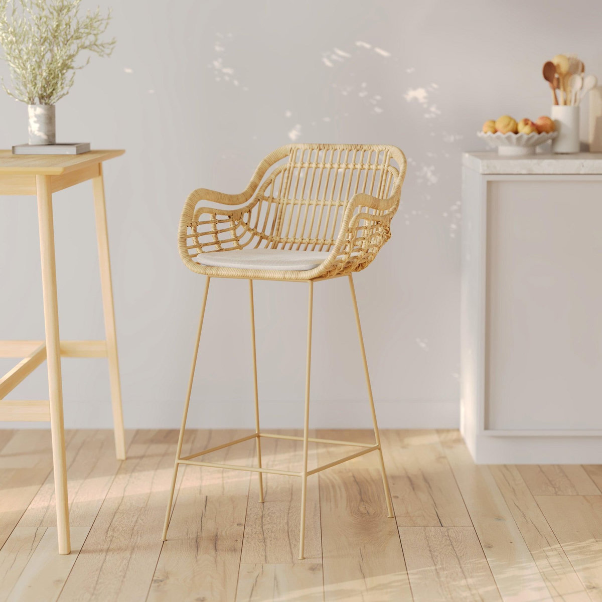 MAISON PAVANE Chaise de bar en rotin, coussin en tissu et pieds en métal beige 71 cm-Chiloé