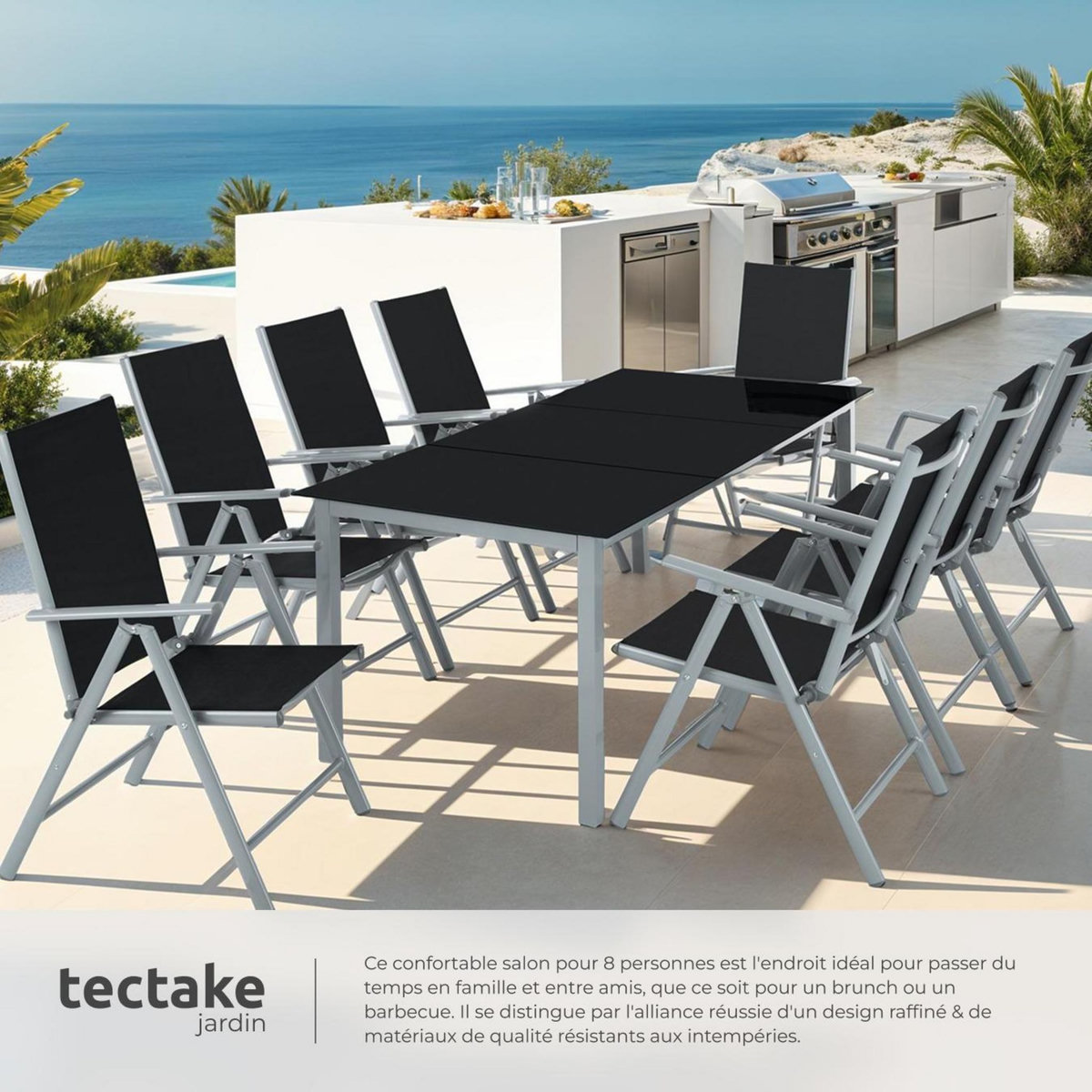 tectake Salon de jardin avec cadre en aluminium pour 8 personnes argent