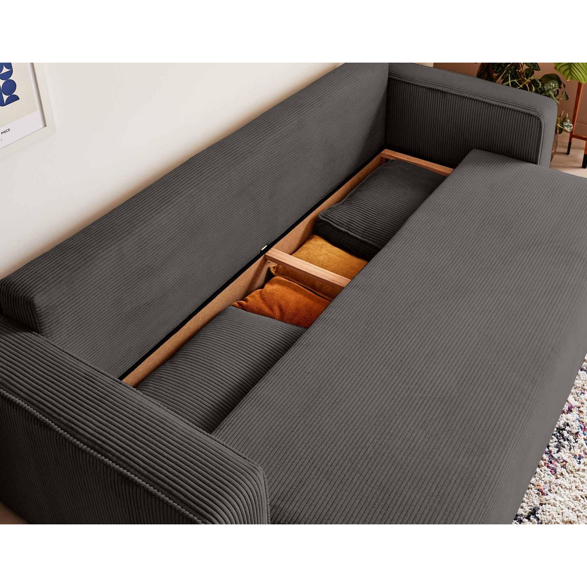 BEST MOBILIER Topaze - canapé 3 places - convertible avec coffre - en velours côtelé