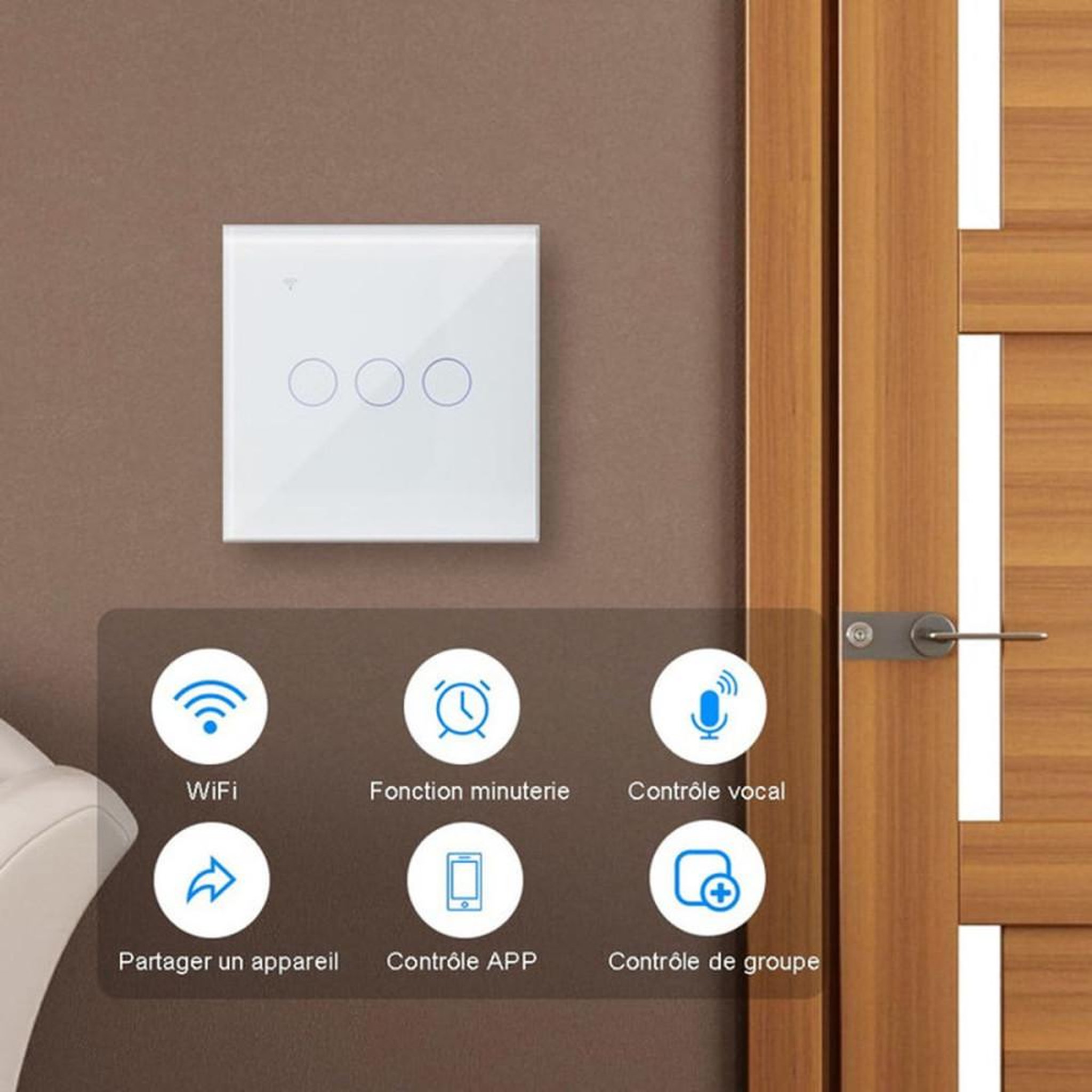 Voir la diapositive 2 : Interrupteur Wi‑Fi intelligent 3 voies tactile capacitif encastrable, commande via Tuya, Alexa et Google Assistant, blanc, 300 W par voie (2,4 GHz)