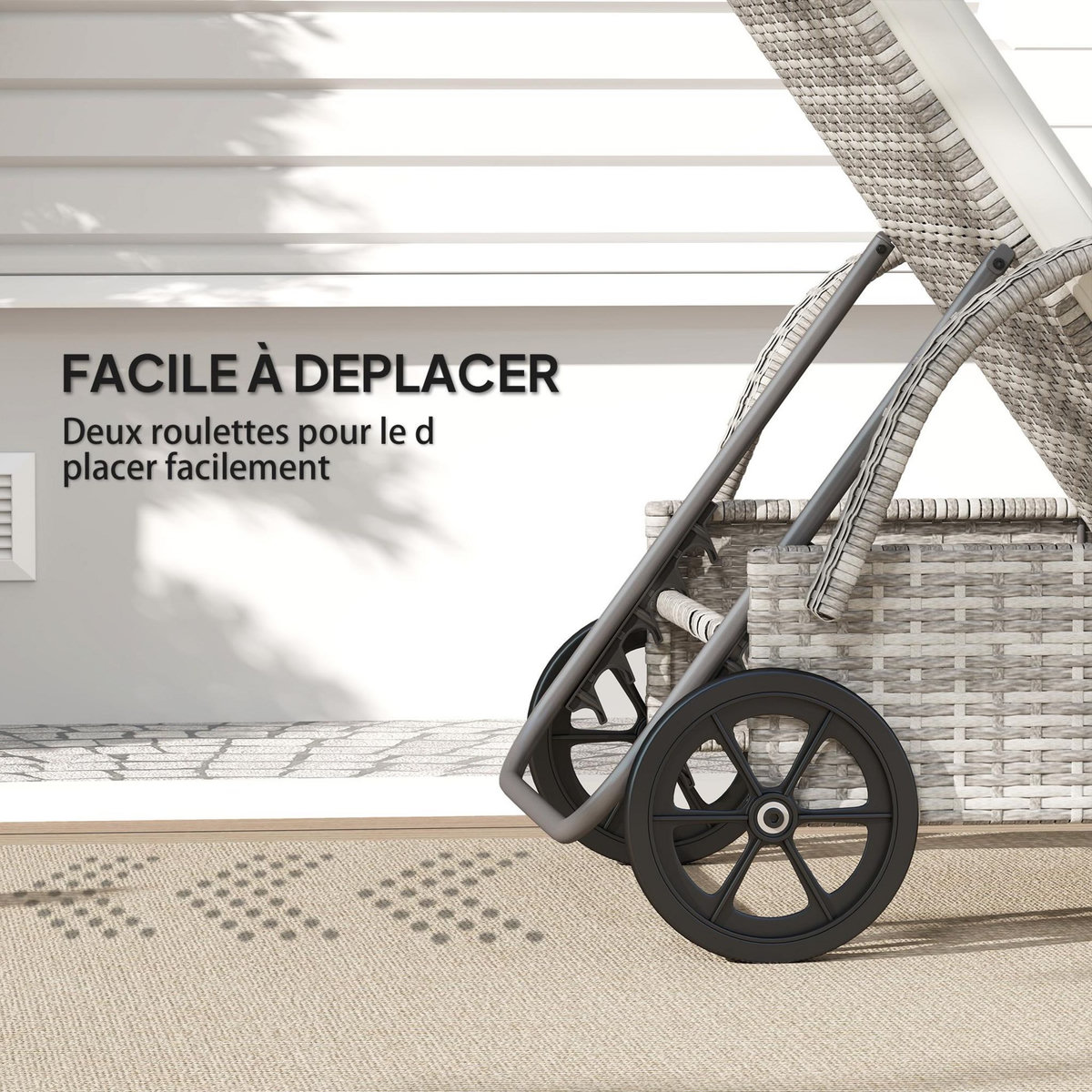 OUTSUNNY Transat bain de soleil grand confort : matelas, têtière, inclinaison réglable multipositions, accoudoirs, roulettes résine tressée gris clair