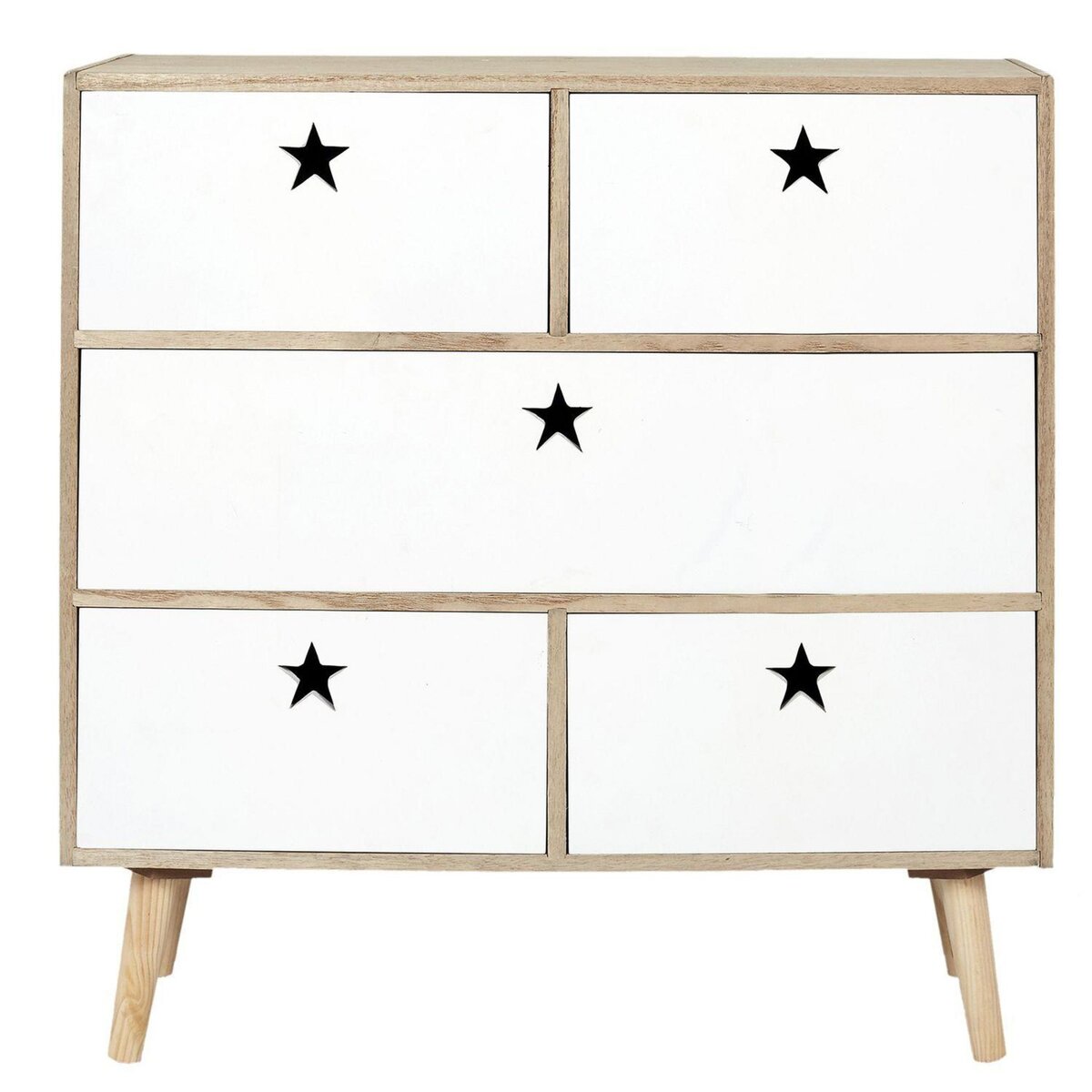 TOILINUX Commode 5 tiroirs Like a Star - en MDF et Bois de Pin - Blanc et Marron
