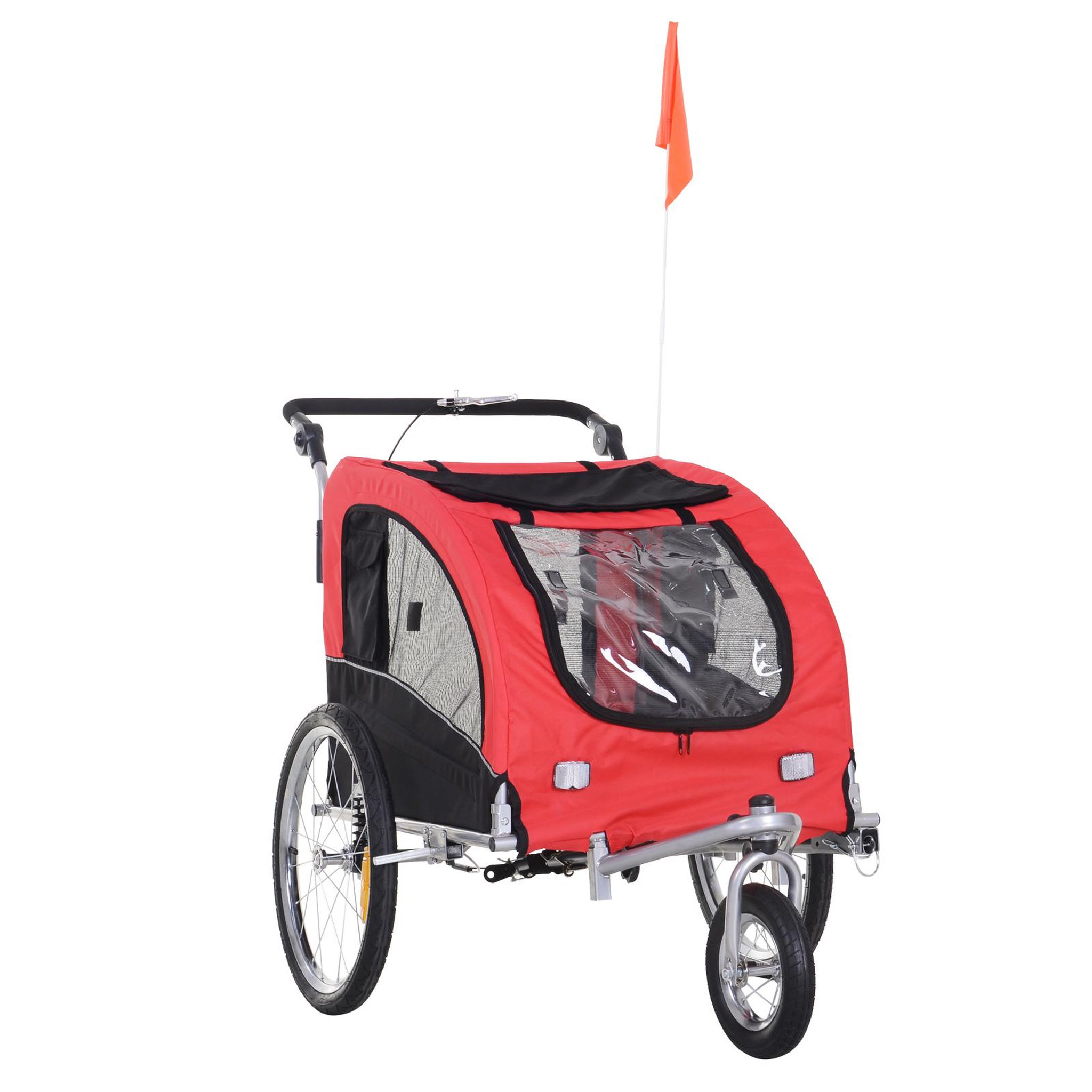 Voir la diapositive 1 : HOMCOM Remorque vélo jogger 2 en 1 pour animaux drapeau roue avant pivotante réflecteurs et barre d'attelage inclus rouge noir